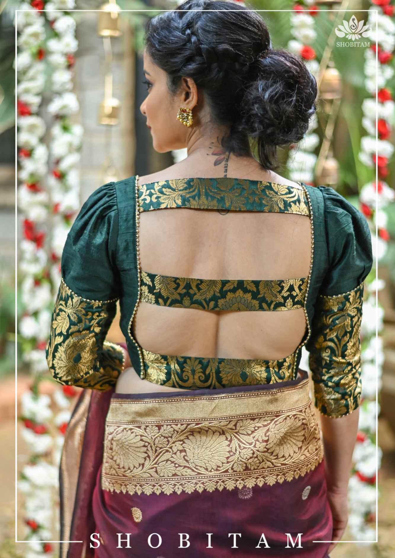 Sacramento Green Puff Sleeve Blouse with Banarasi Brocade Detailing - Image 7