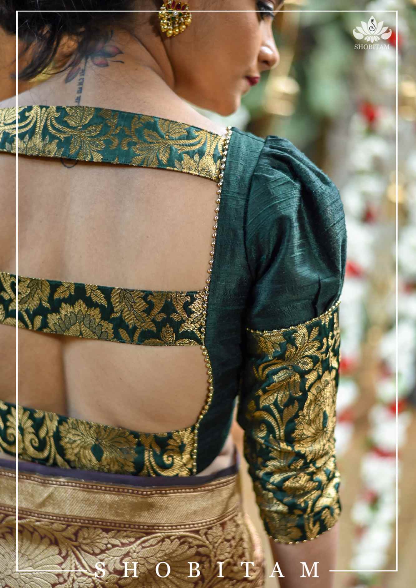 Sacramento Green Puff Sleeve Blouse with Banarasi Brocade Detailing - Image 8