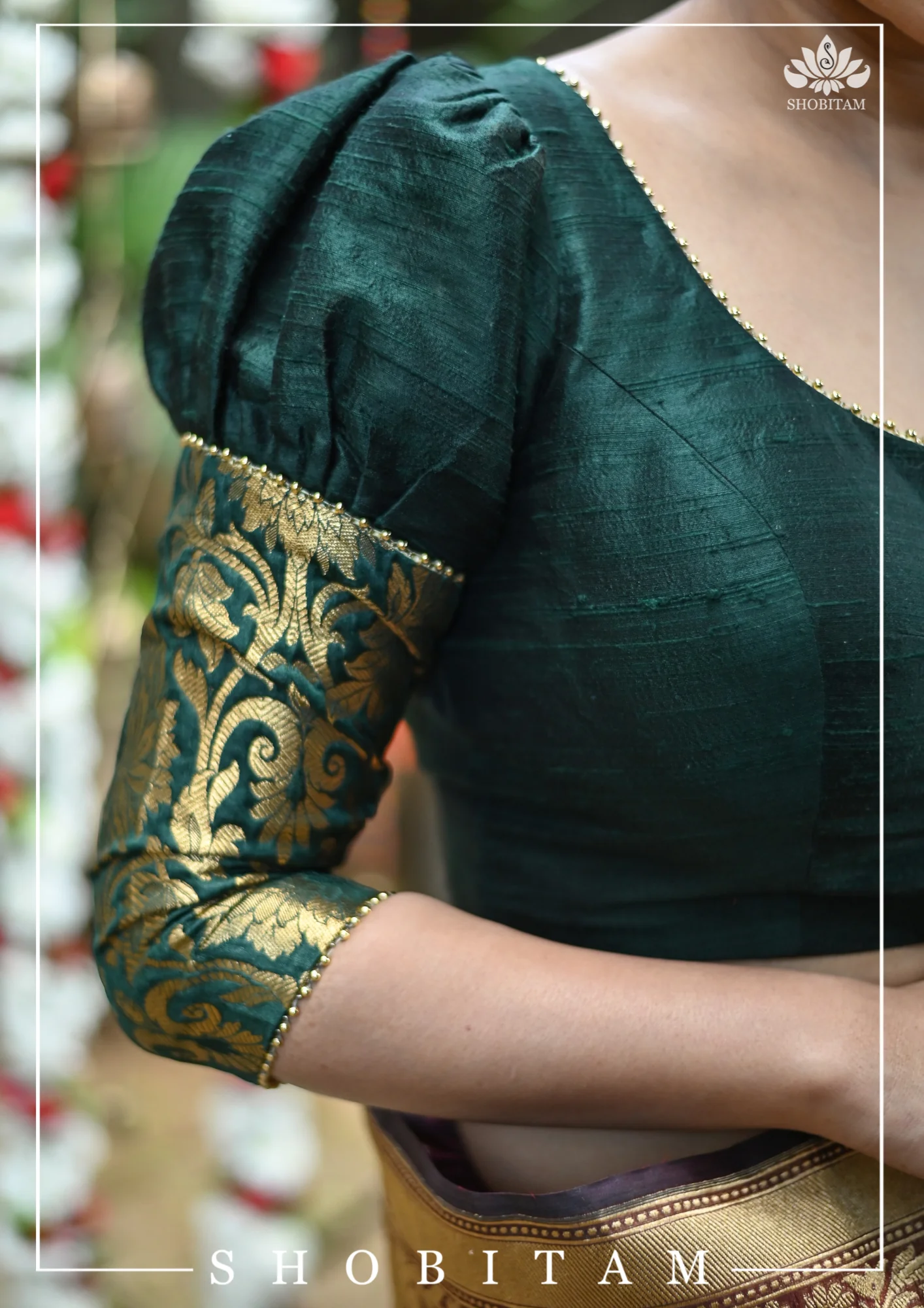 Sacramento Green Puff Sleeve Blouse with Banarasi Brocade Detailing | Shobitam - Image 10