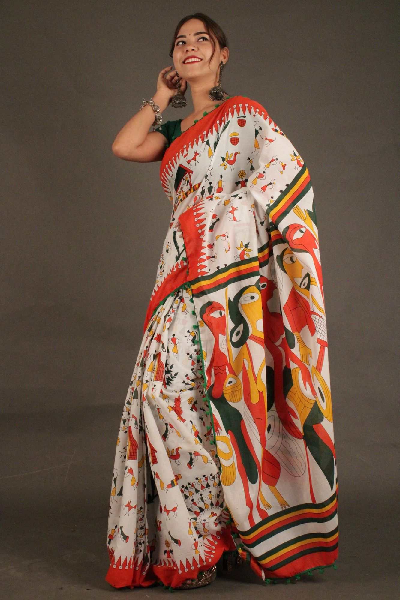 Saffron-White floral vegetable printed mul mul Cotton Wrap in 1 minute saree - Image 3