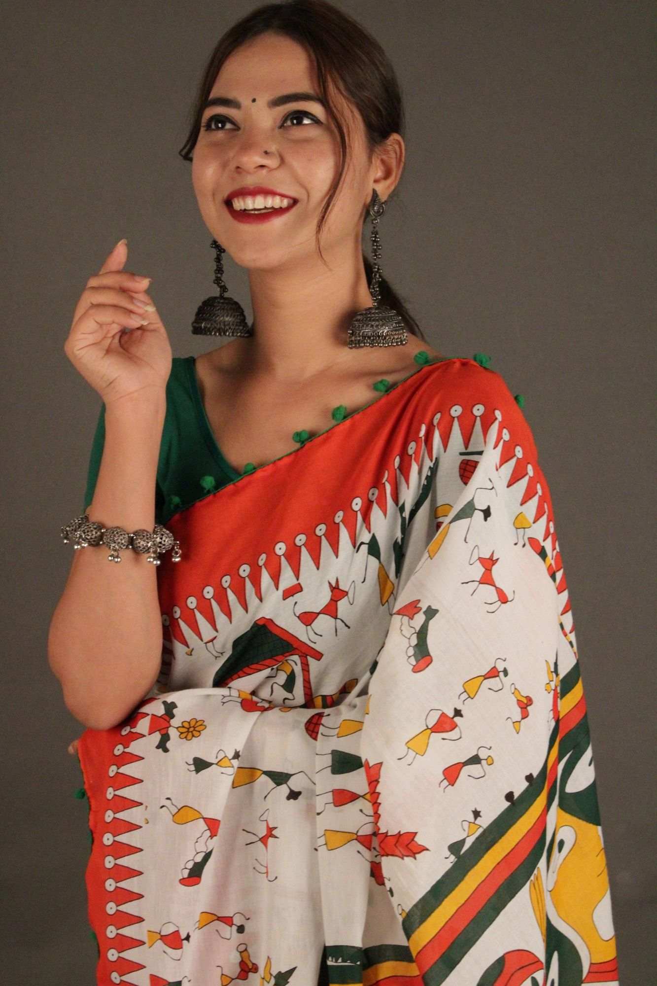 Saffron-White floral vegetable printed mul mul Cotton Wrap in 1 minute saree - Image 4
