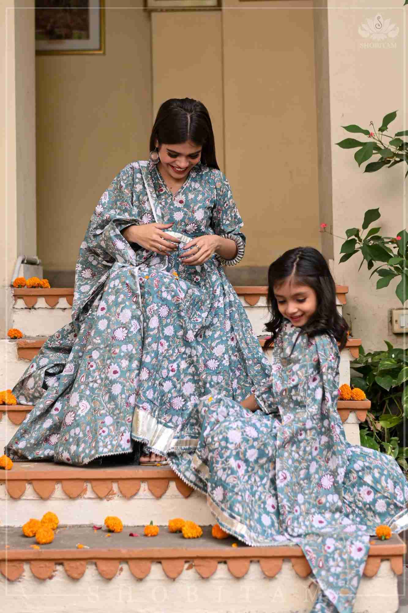 Sage Green Block Print Cotton Anarkali Set with 5 meter flair | Made To Order - Image 10