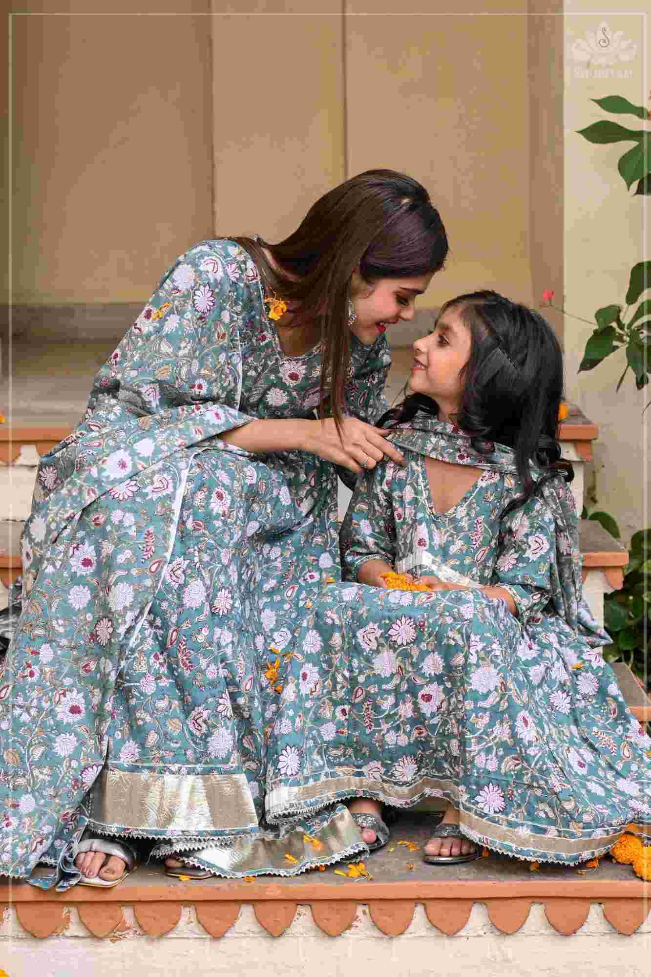 Sage Green Block Print Cotton Anarkali Set with 5 meter flair | Made To Order - Image 12