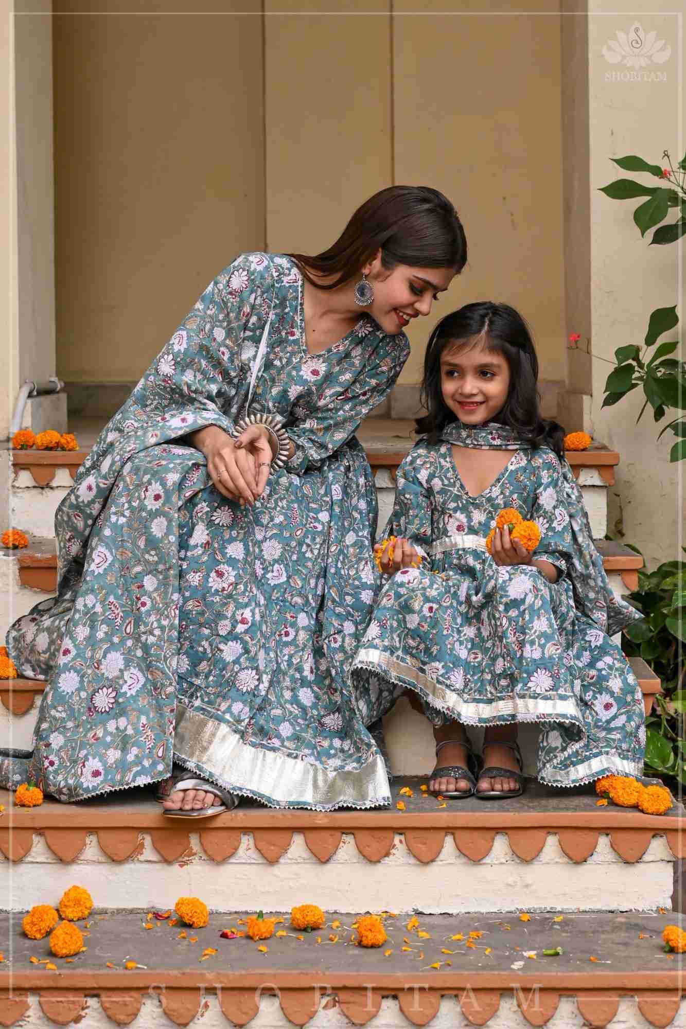 Sage Green Block Print Cotton Anarkali Set with 5 meter flair | Made To Order - Image 5