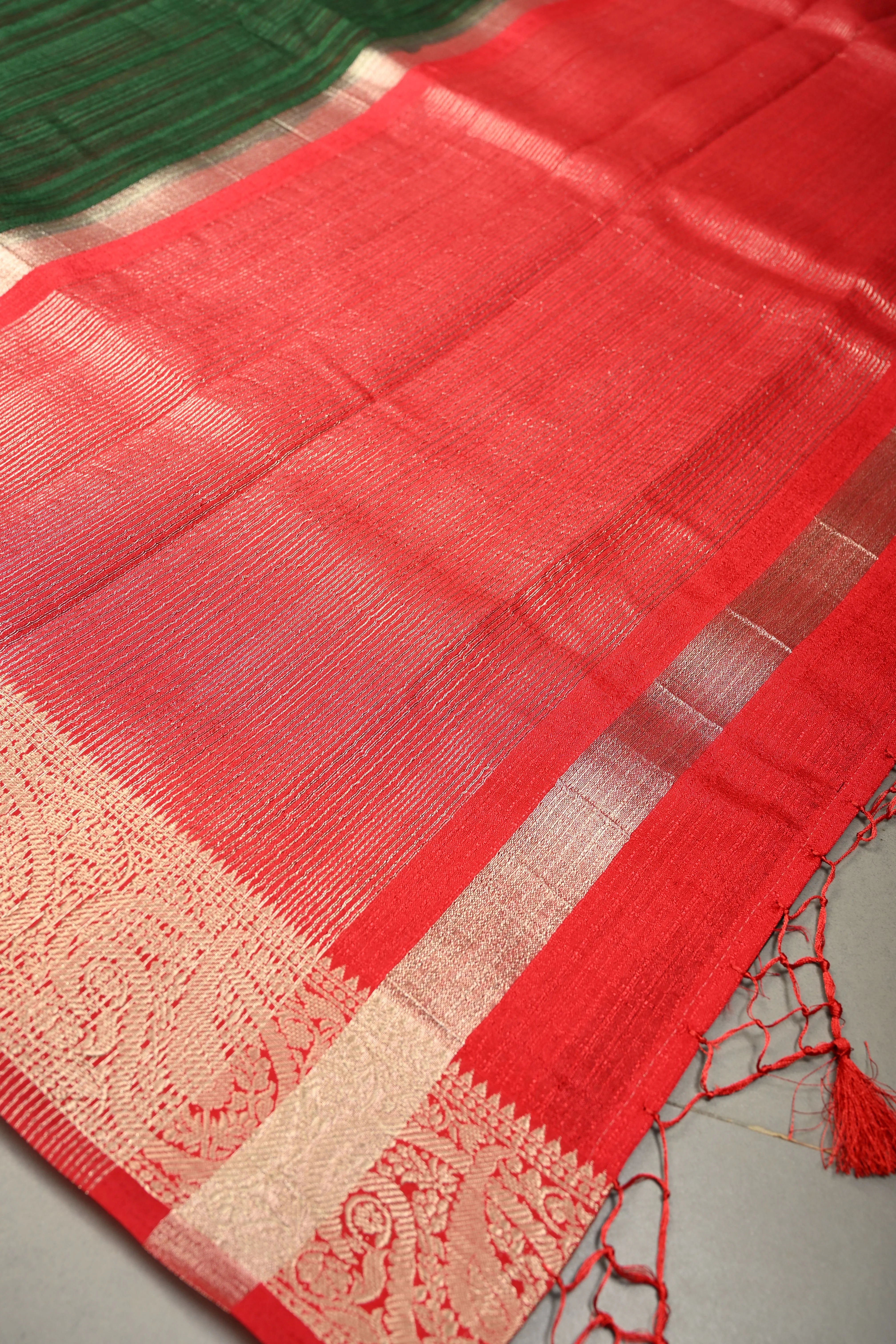 Bottle Green Semi Tussar Saree with Contrast Zari Border | Shobitam - Image 7