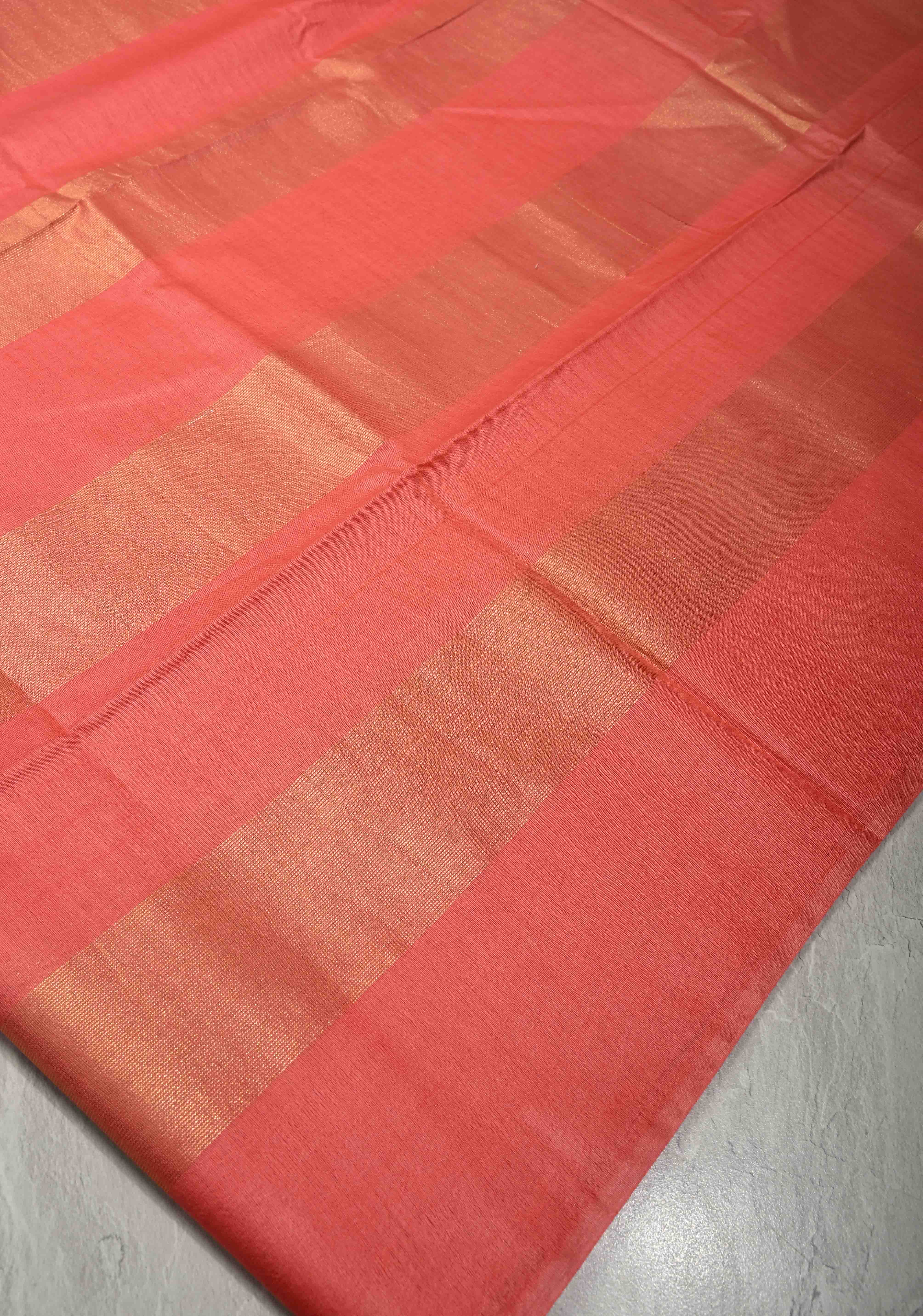 Salmon Pink Borderless Semi Tussar Saree with Muted Tissue Panel and Contrast Sequins Pallu | Shobitam - Image 4