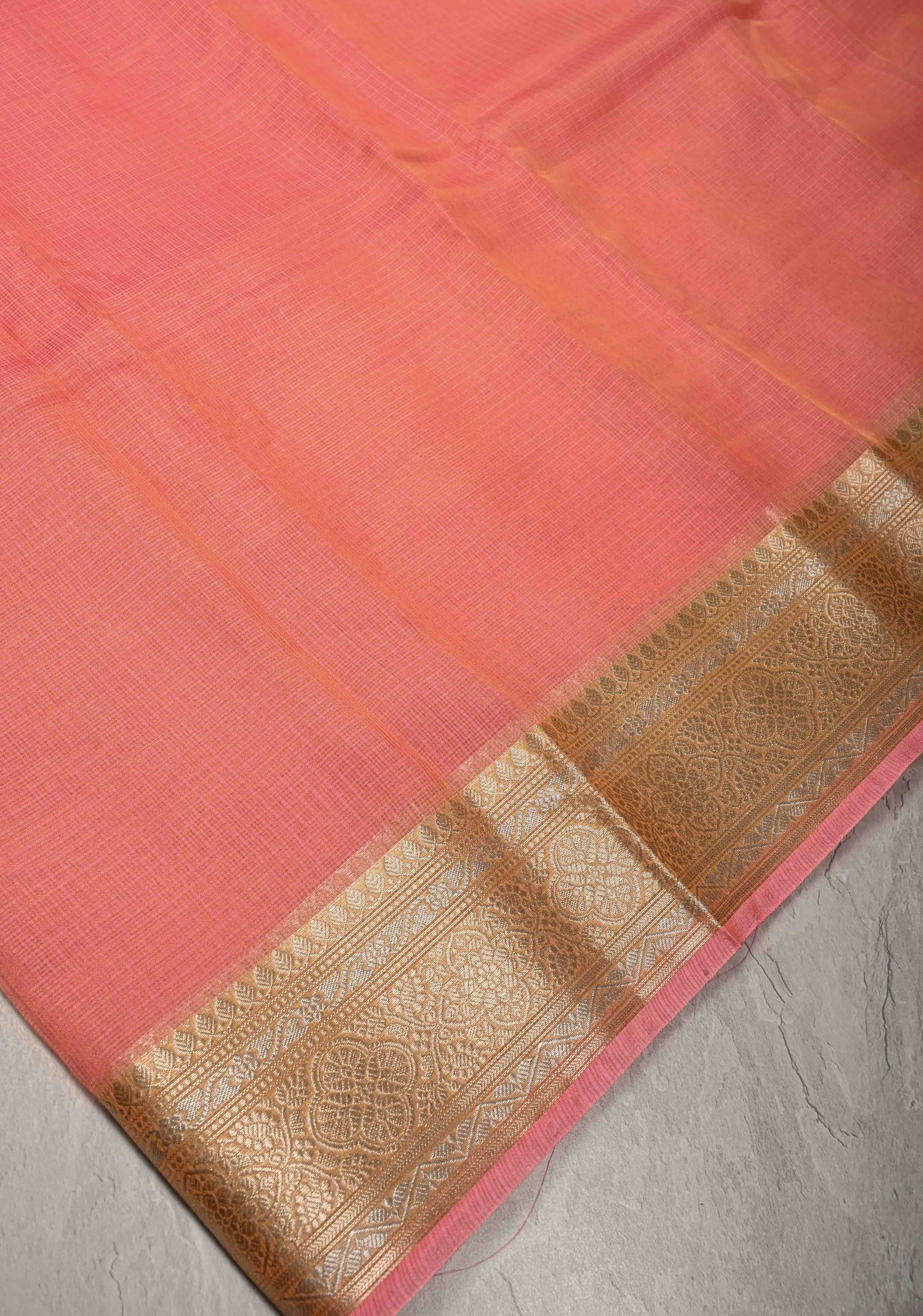 Salmon Pink Kota Doria Tissue Cotton Saree with Sona Rupa Zari Border | Shobitam - Image 4