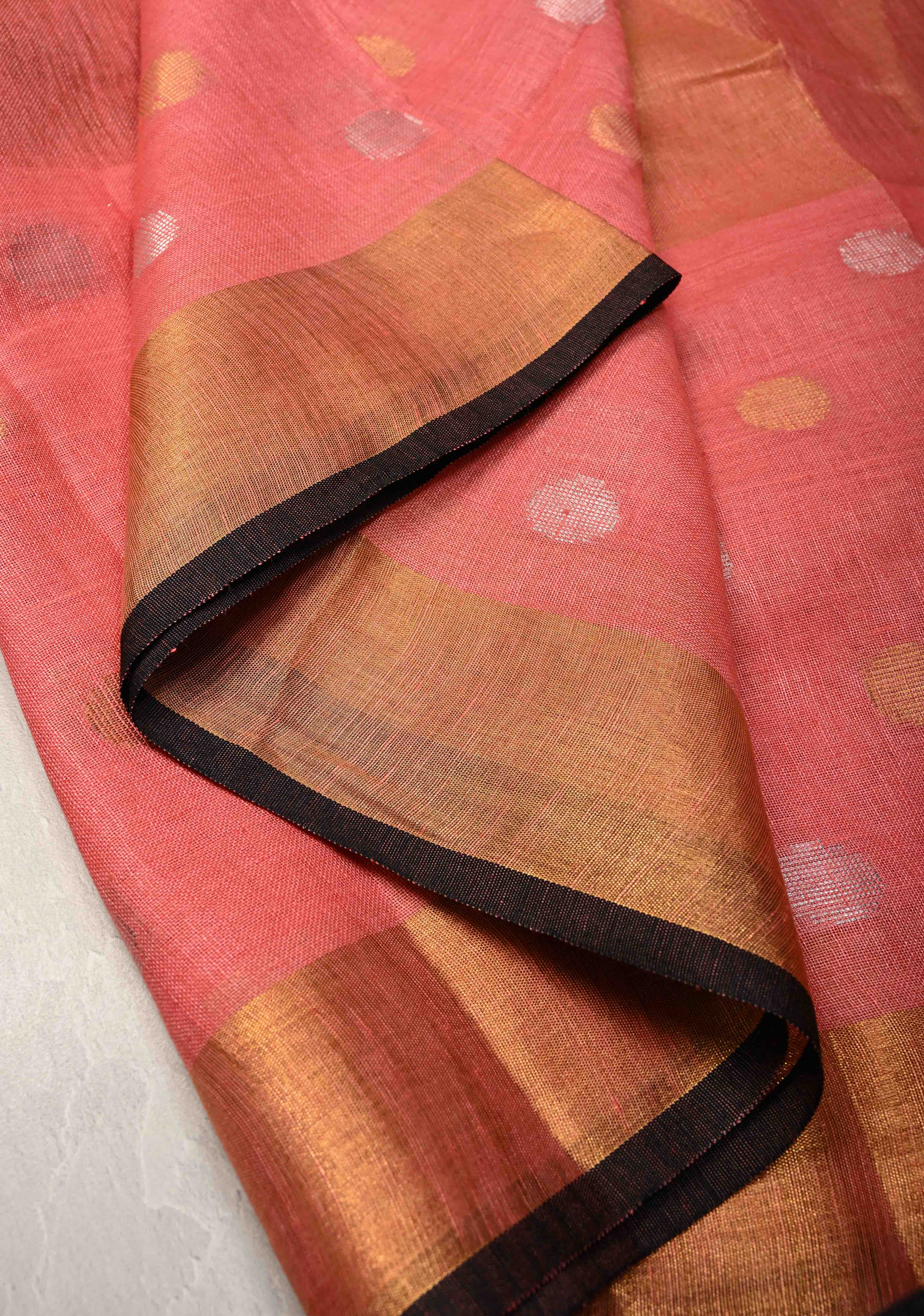 Salmon Pink Tissue Body Linen Saree in Muted Antique Gold with Sona Rupa Polka Dots Skirt Border | Shobitam - Image 5