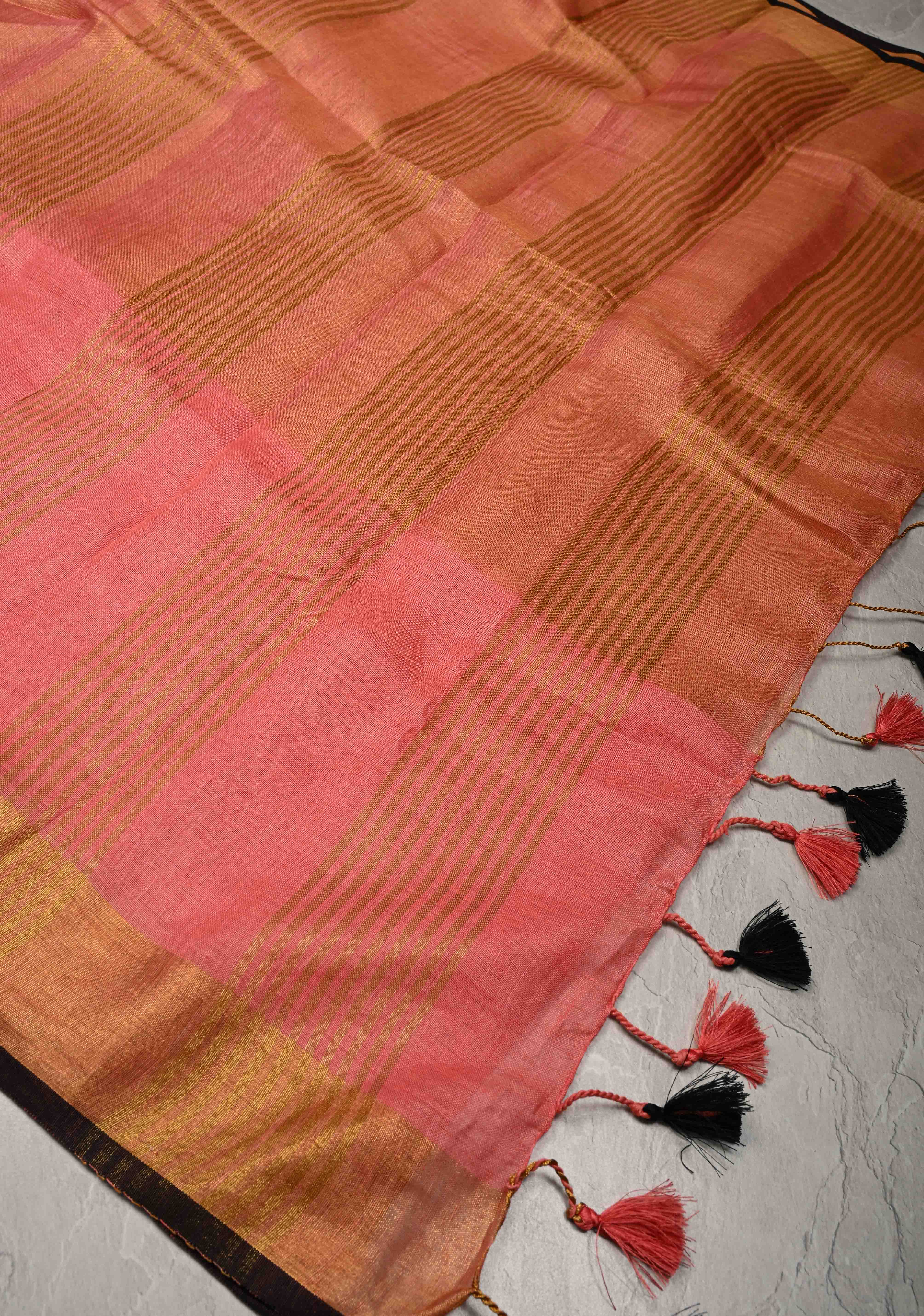 Salmon Pink Tissue Body Linen Saree in Muted Antique Gold with Sona Rupa Polka Dots Skirt Border | Shobitam - Image 8