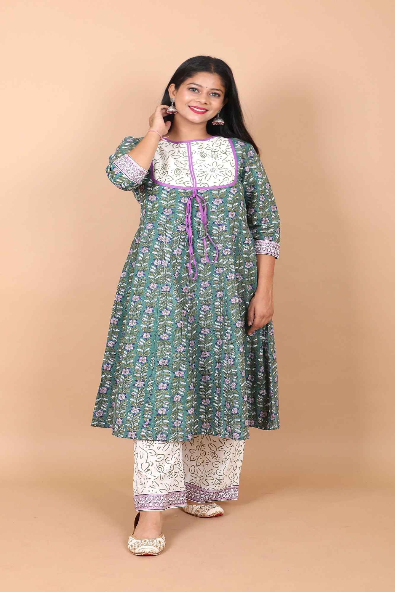 Salwar Suit - 3 PIece Amara teal green hand block printed suit with chiffon dupatta and trendy flared pants - Image 2