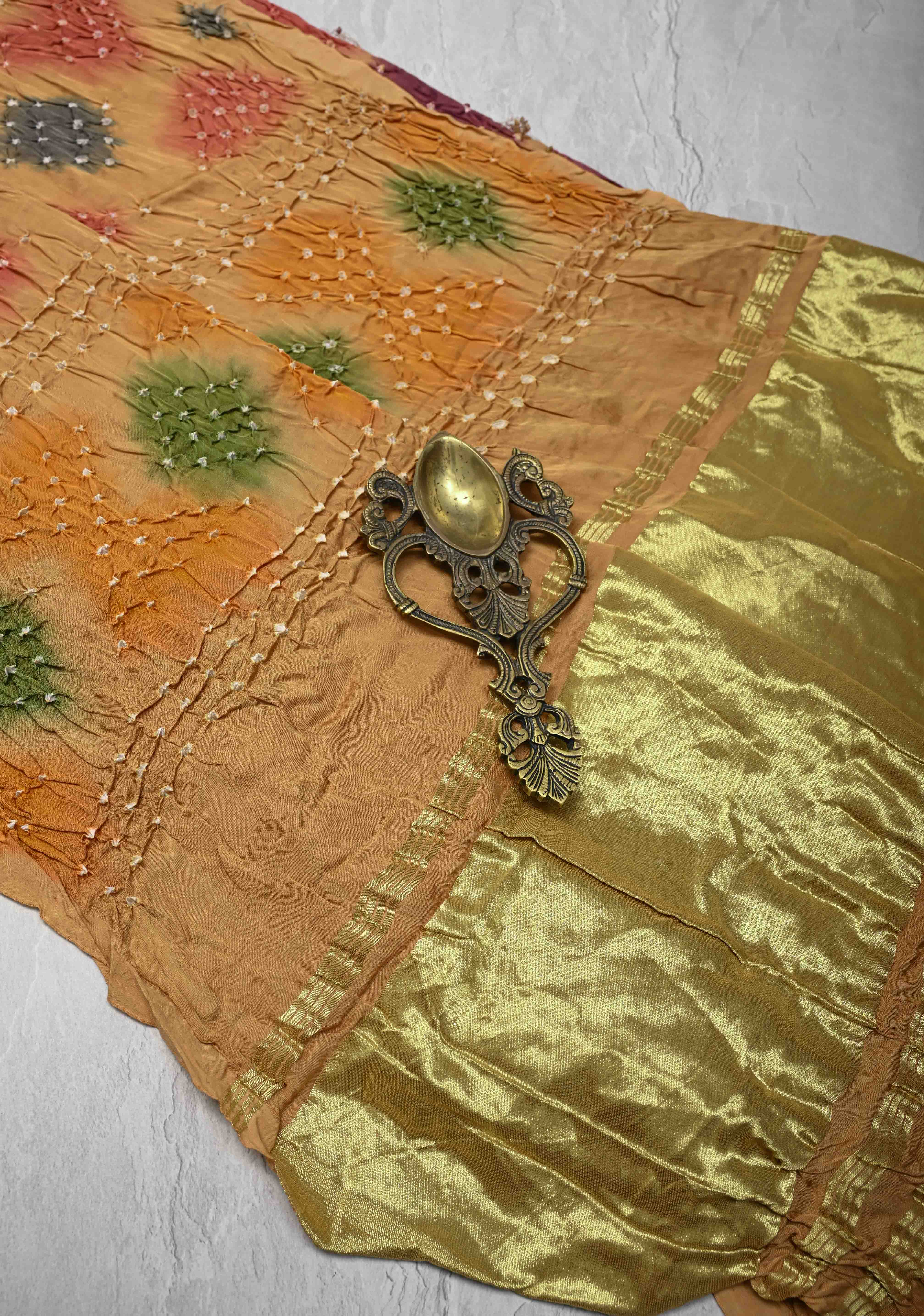 Sandalwood Hand Shibori mandala Dye and bandhej design on Modal Silk Saree with crushed Pallu | Shobitam - Image 2