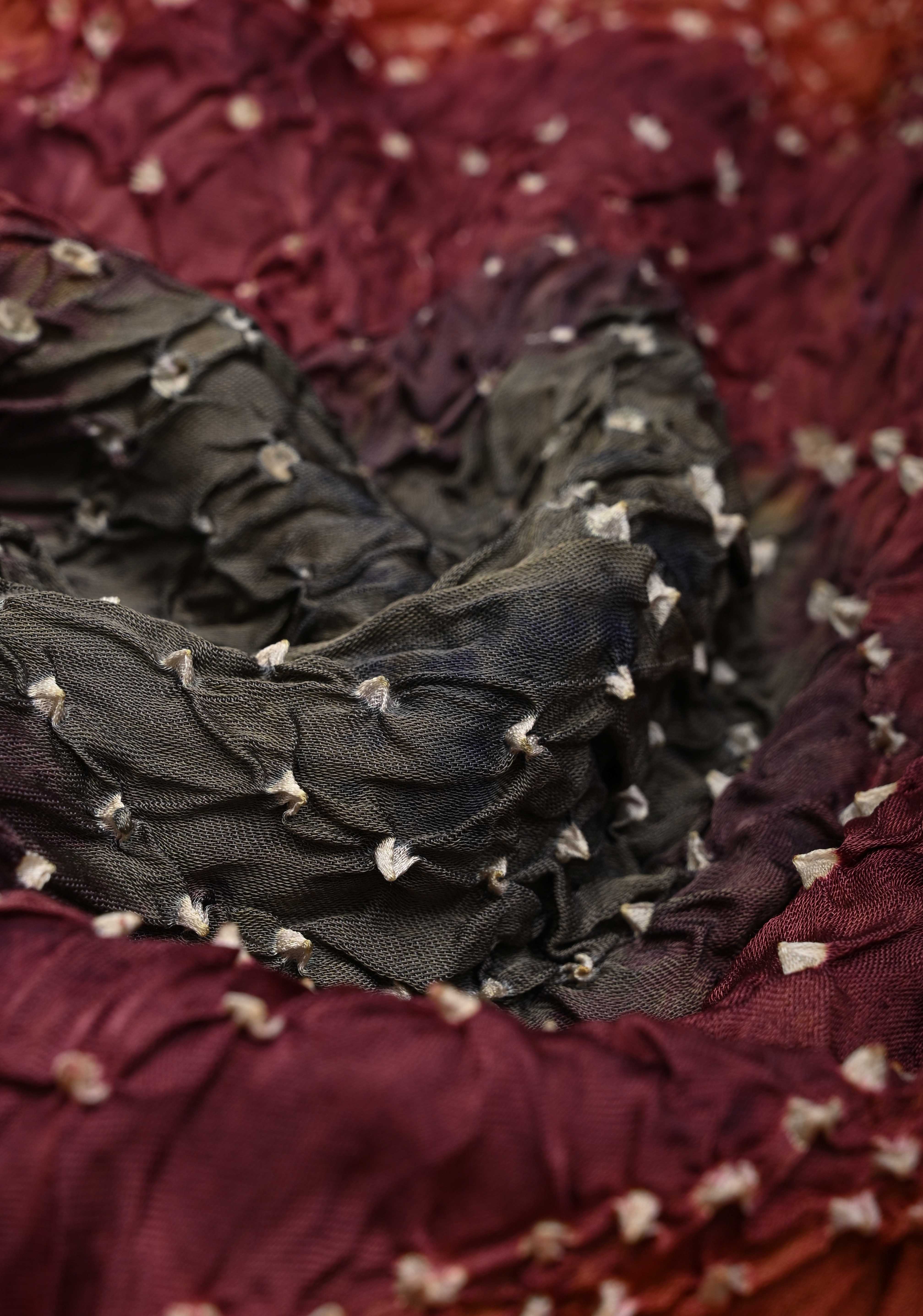 Sandalwood Hand Shibori mandala Dye and bandhej design on Modal Silk Saree with crushed Pallu | Shobitam - Image 4