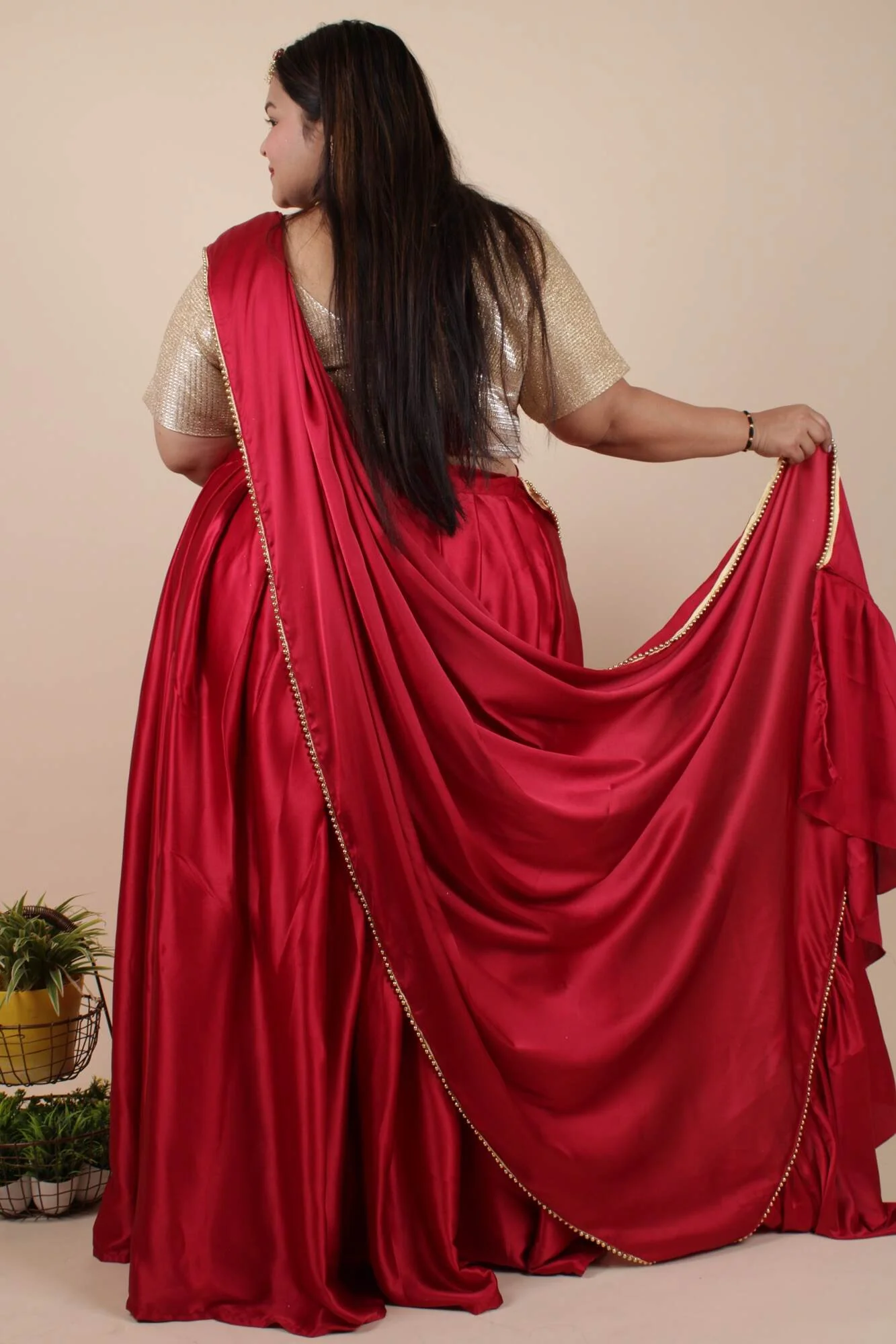 SAREE CUM LEHENGA TWIST  - Gorgeous Ruffled Dupatta and Half Saree with stitched blouse - Image 2