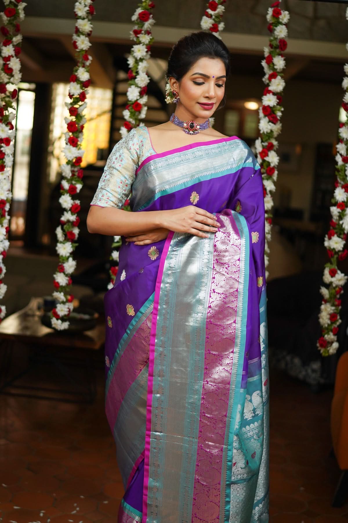 Muggu Design Meenakari Gadwal Silk Saree in Purple with Two Tone  Border | SILK MARK CERTIFIED | Shobitam - Image 2