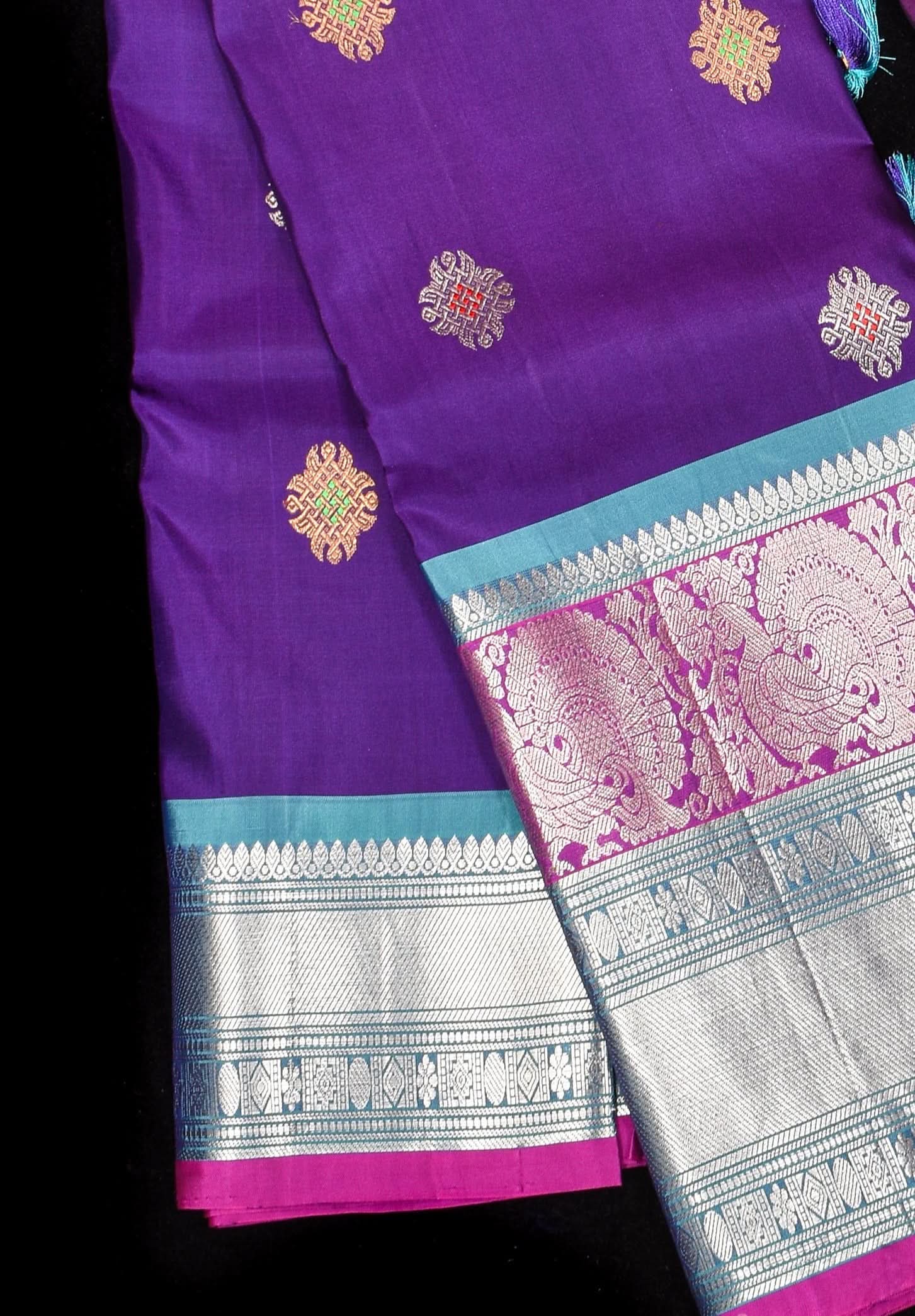 Muggu Design Meenakari Gadwal Silk Saree in Purple with Two Tone  Border | SILK MARK CERTIFIED | Shobitam - Image 23
