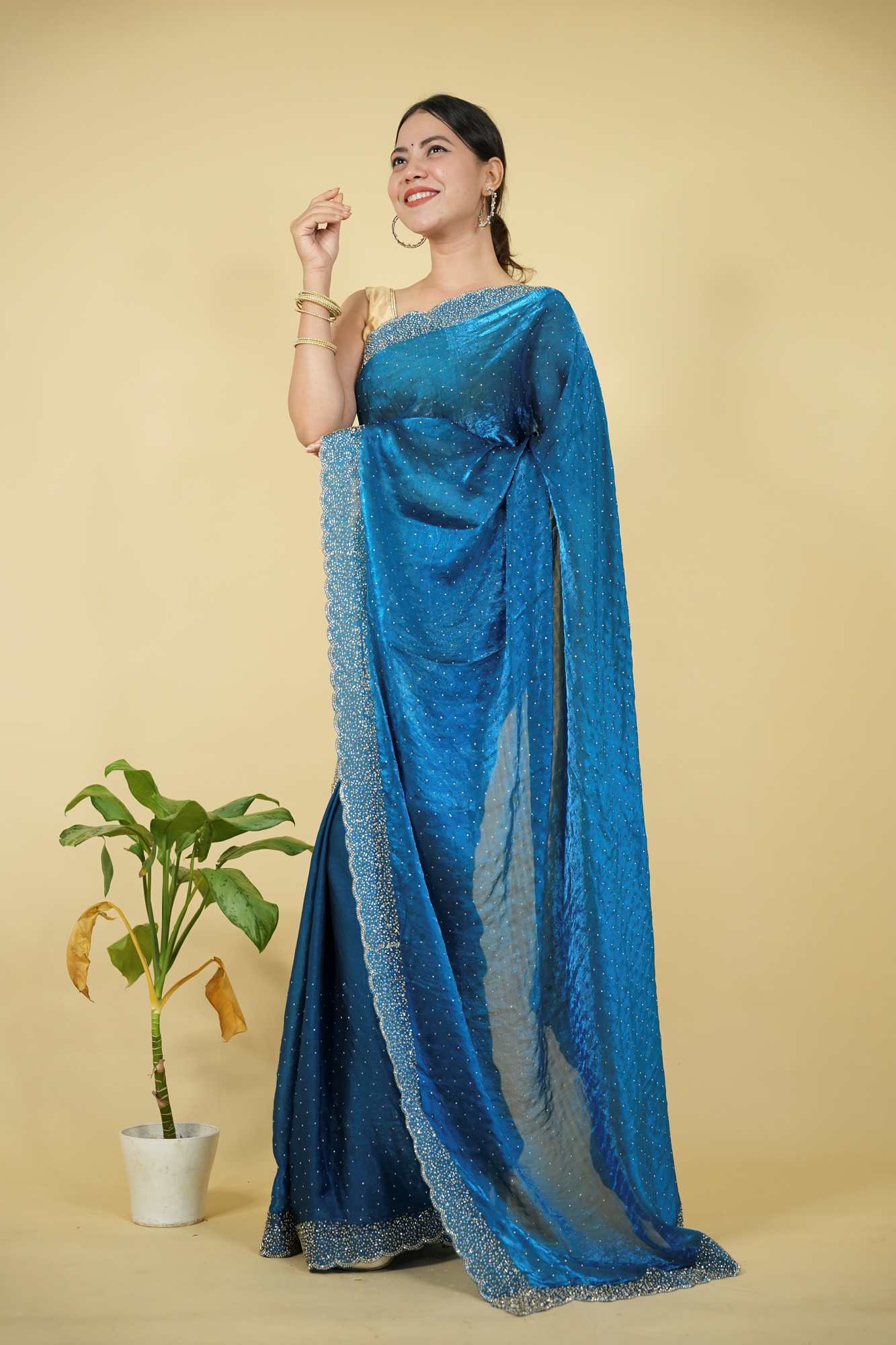 Satin Silk with Dazzling Zarkhan Diamond Work Ready To Wear Saree - Image 4