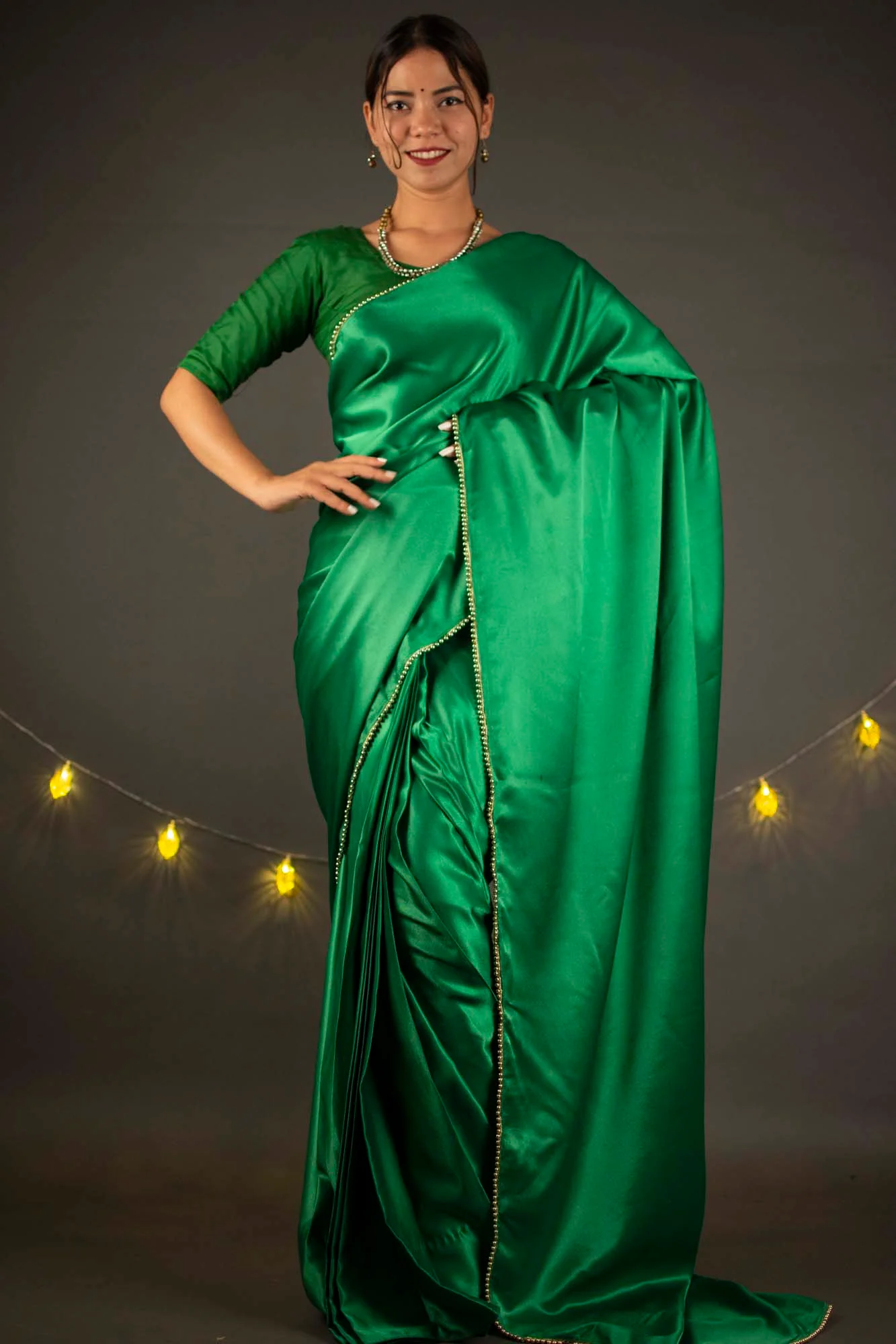 Satin with moti lace border wrap in 1 minute saree - Image 3