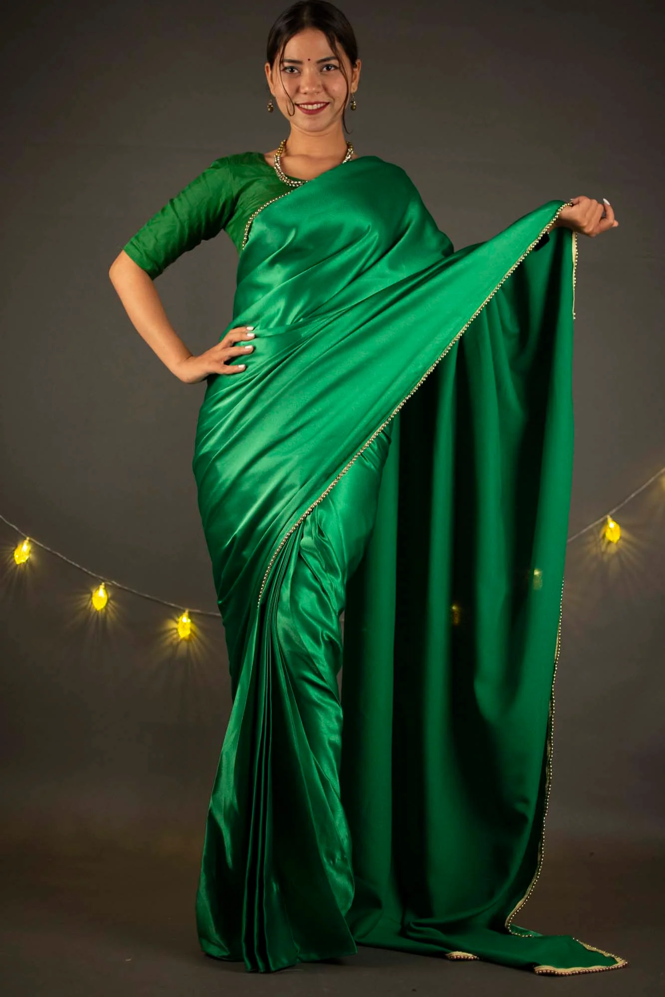 Satin with moti lace border wrap in 1 minute saree - Image 4