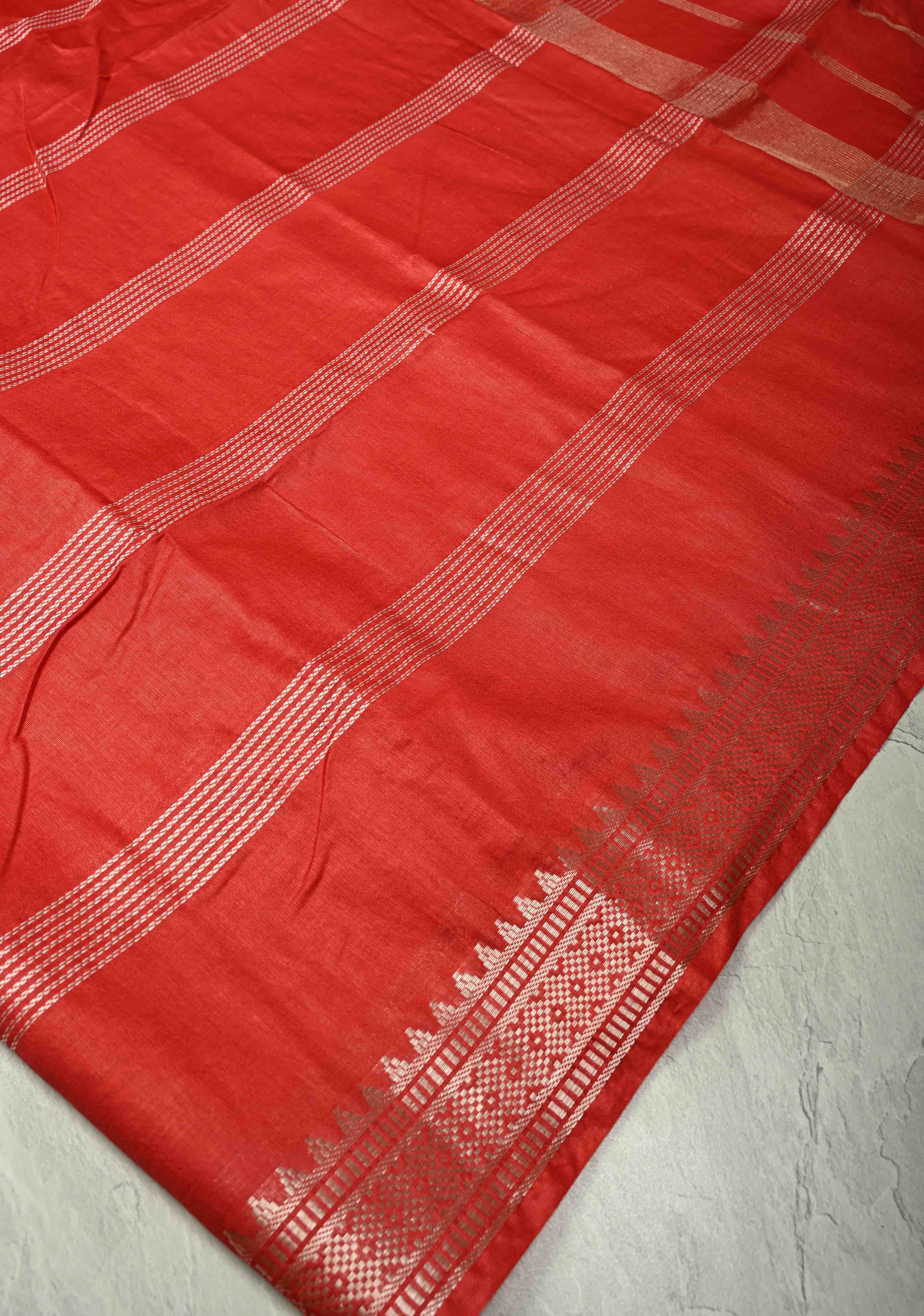 Scarlet Red Semi Tussar Saree with Thread Stripes and Temple Zari Border | Shobitam - Image 4