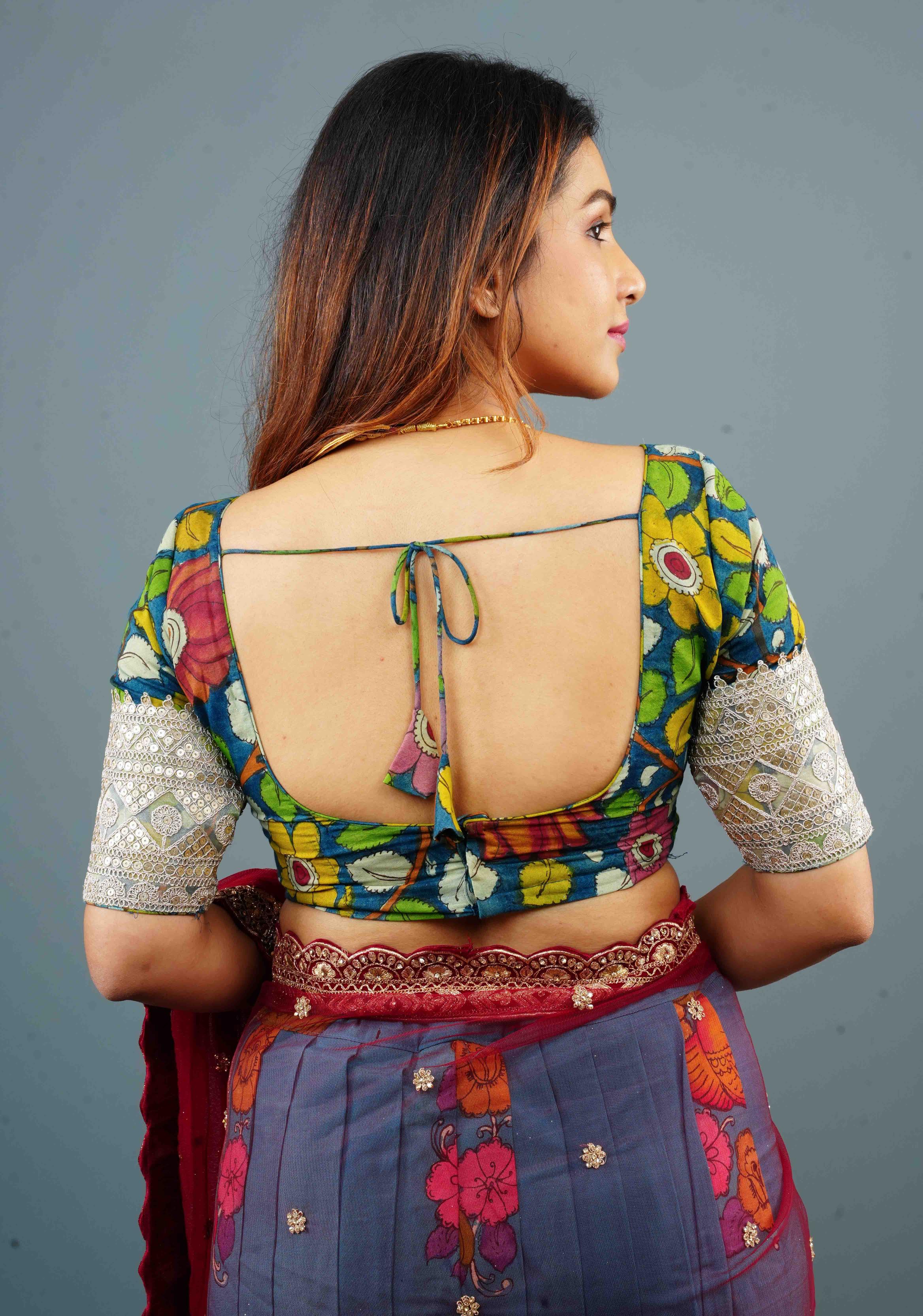 Blue Authentic Pen Kalamkari Scoop Neck Blouse with wide Lace Border on sleeves, Customizable, Made to Order | Shobitam - Image 2