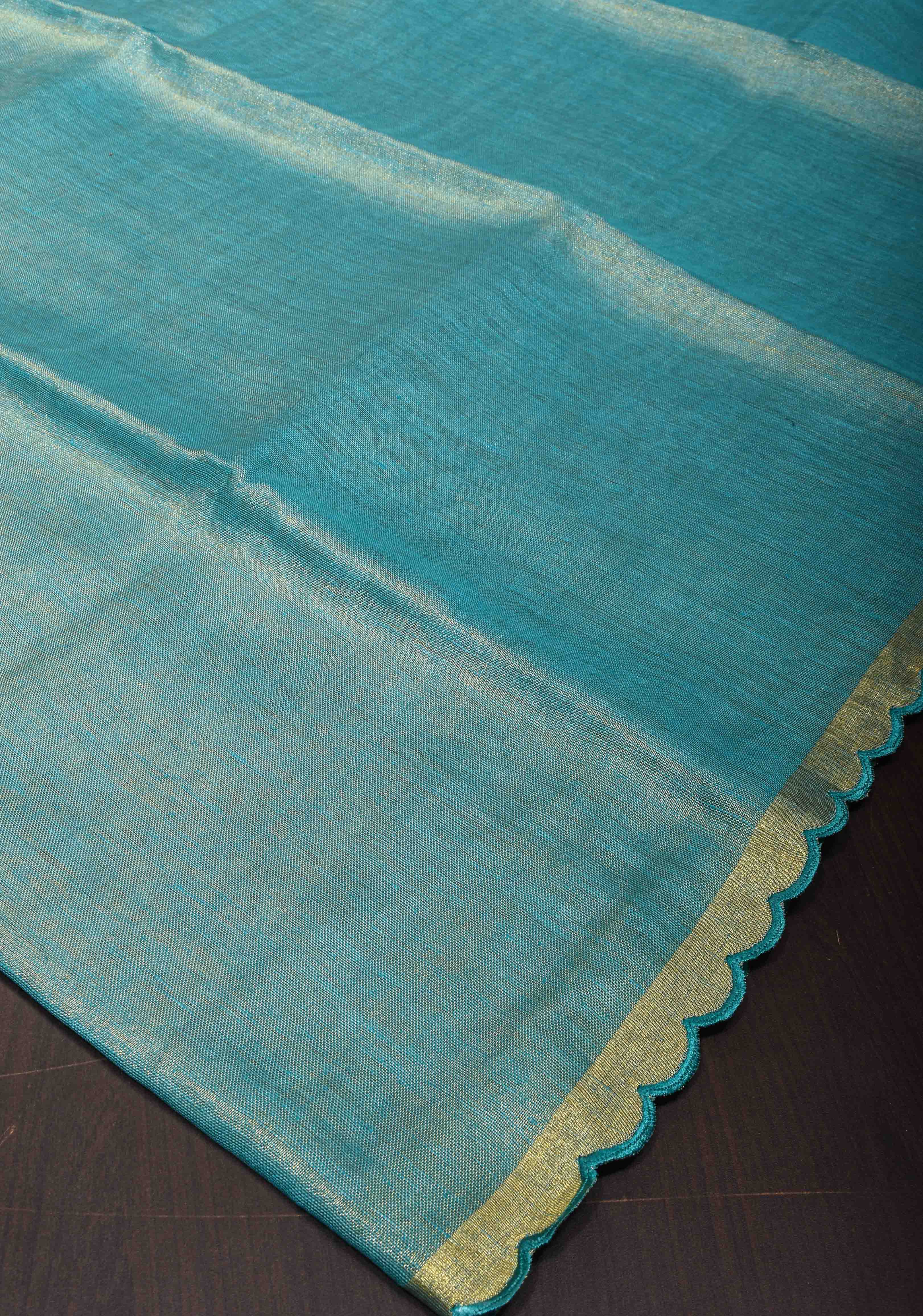Sea Green Scalloped Tissue Linen Saree and Golden border | Shobitam - Image 5