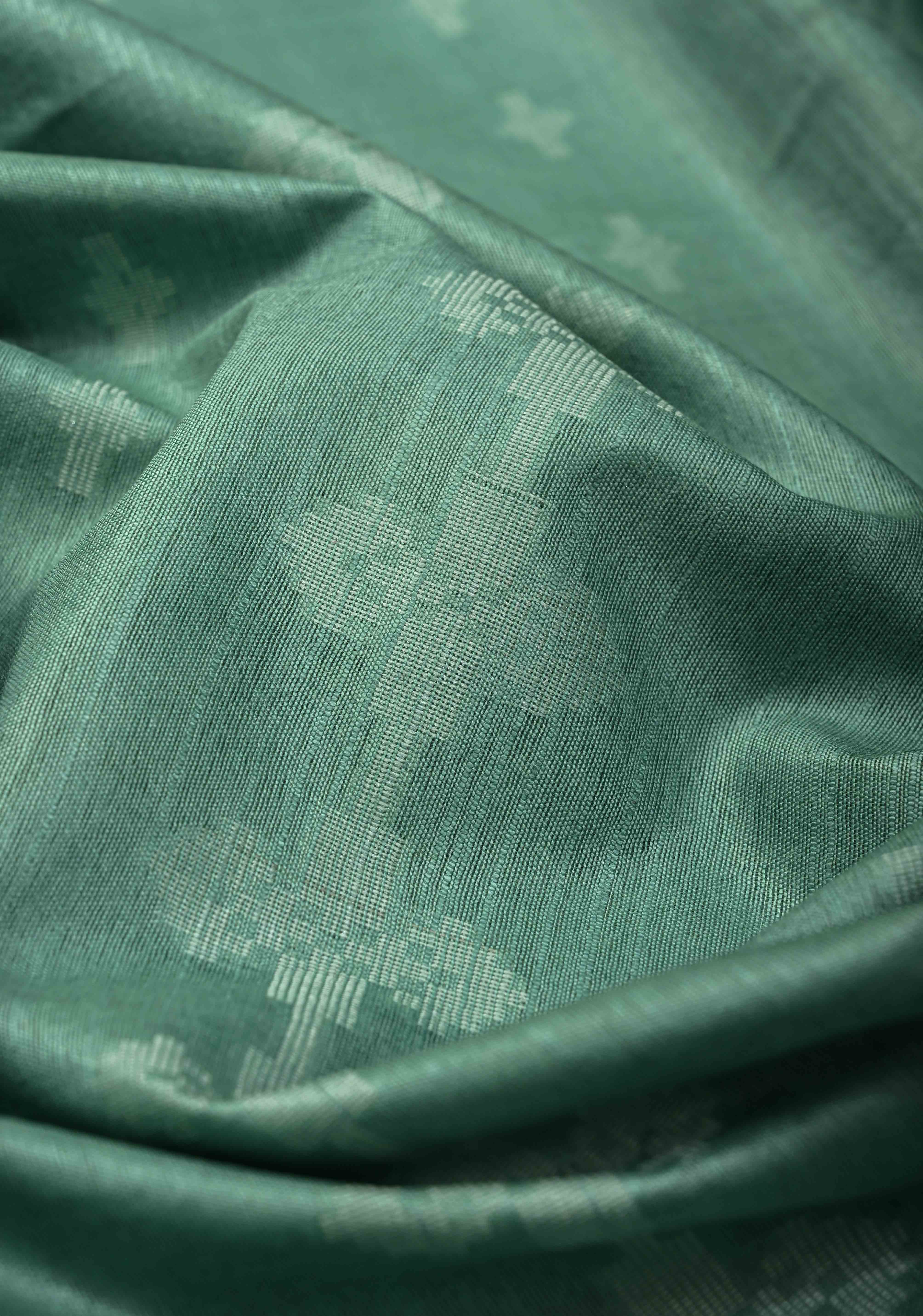 Seafoam Green Borderless Semi Tussar Saree with Thread Stripes-Buttas and Contrast Pallu | Shobitam - Image 3