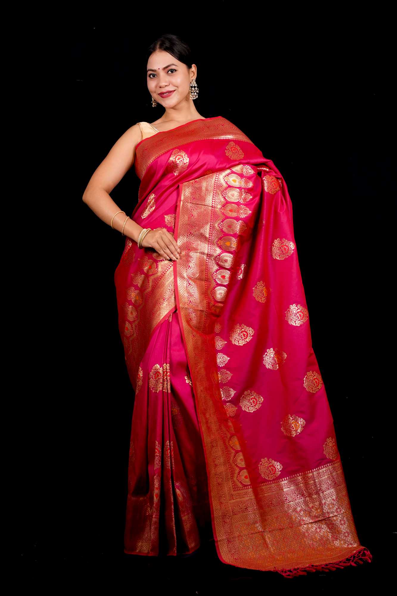 Dupion Warm Silk Pink Banarasi with Gold Zari & Kadwa Weave Ready To wear Saree - Image 3