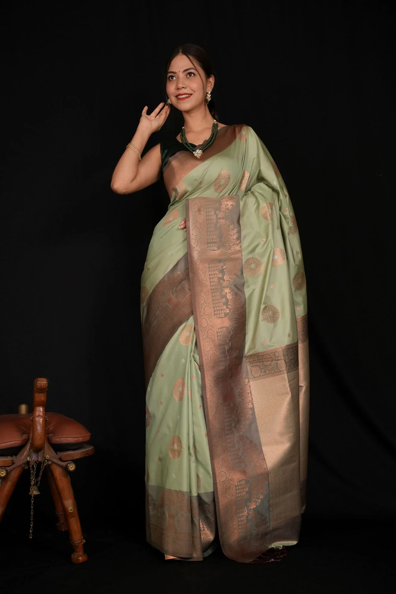 Semi Silk stitched Saree with Alfi Zari Buttas and Copper Zari Border Ready To Wear Saree - Image 2