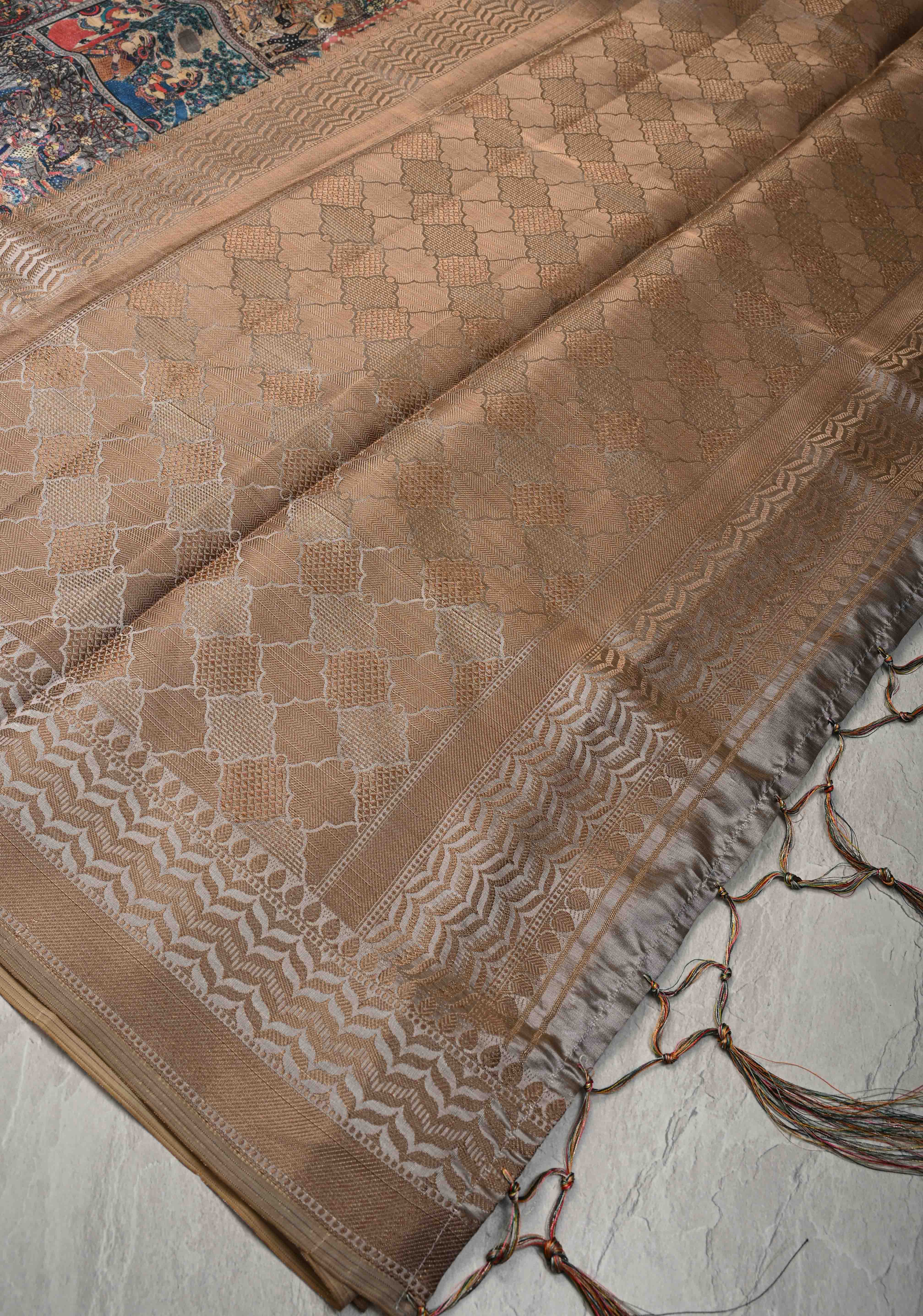 Semi Tussar Silk Saree with Kalamkari Digital Print in Gray | Shobitam - Image 8