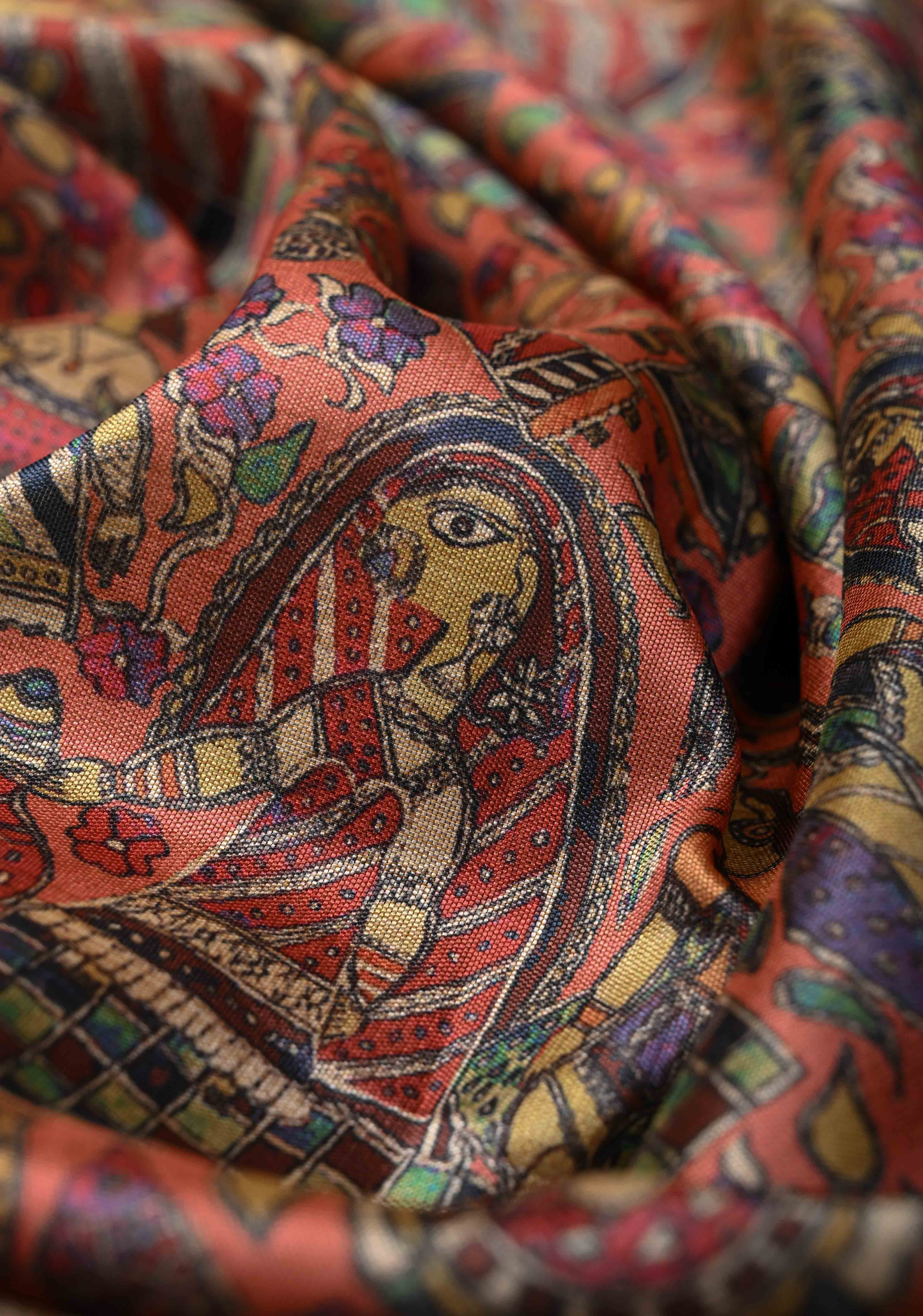 Semi Tussar Silk Saree with Kalamkari Digital Print in Coral | Shobitam - Image 3