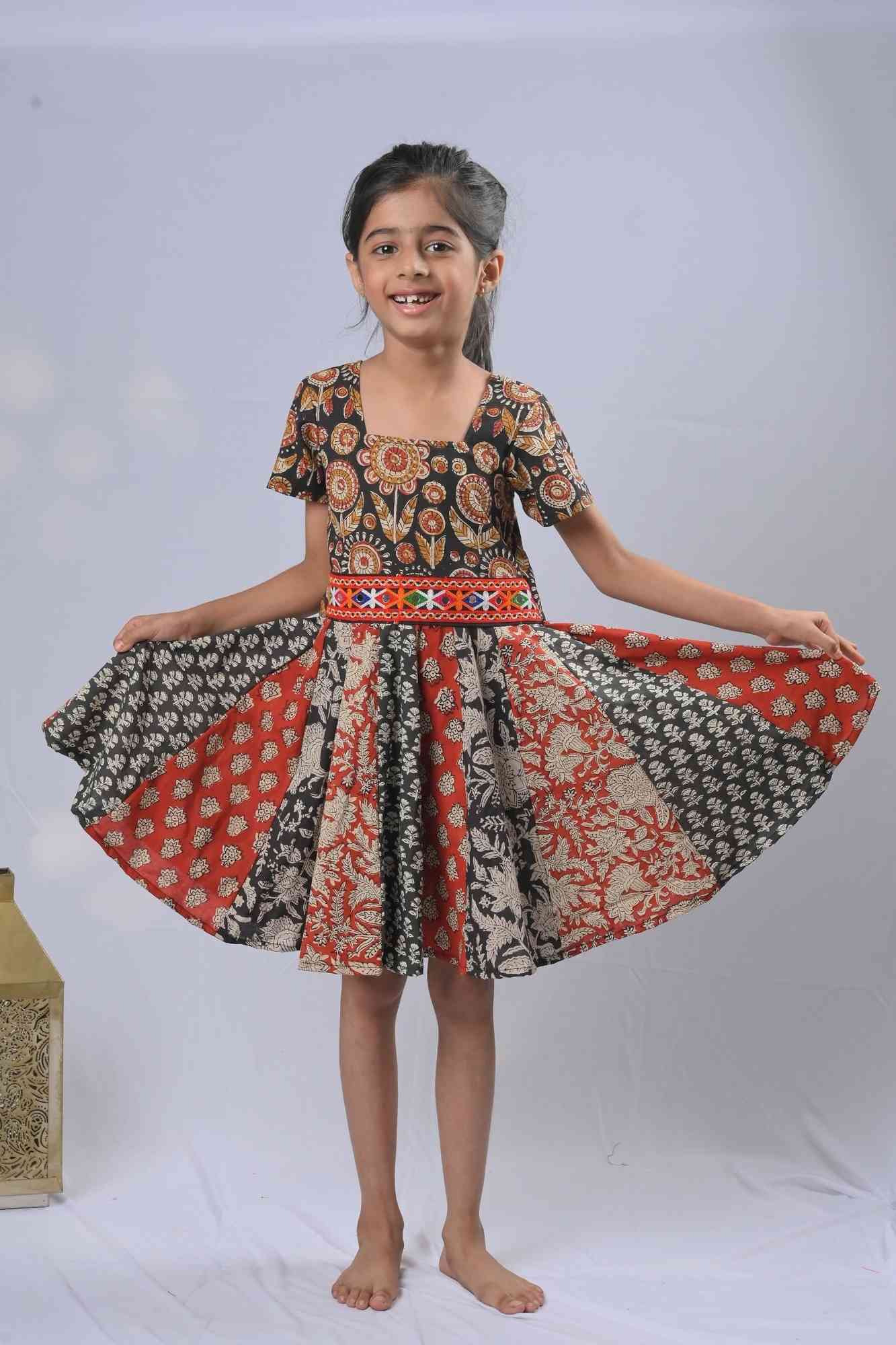 Shades of red and black Kalamkari Panel Dress with Kutch embroidery lace | Made To Order - Image 5