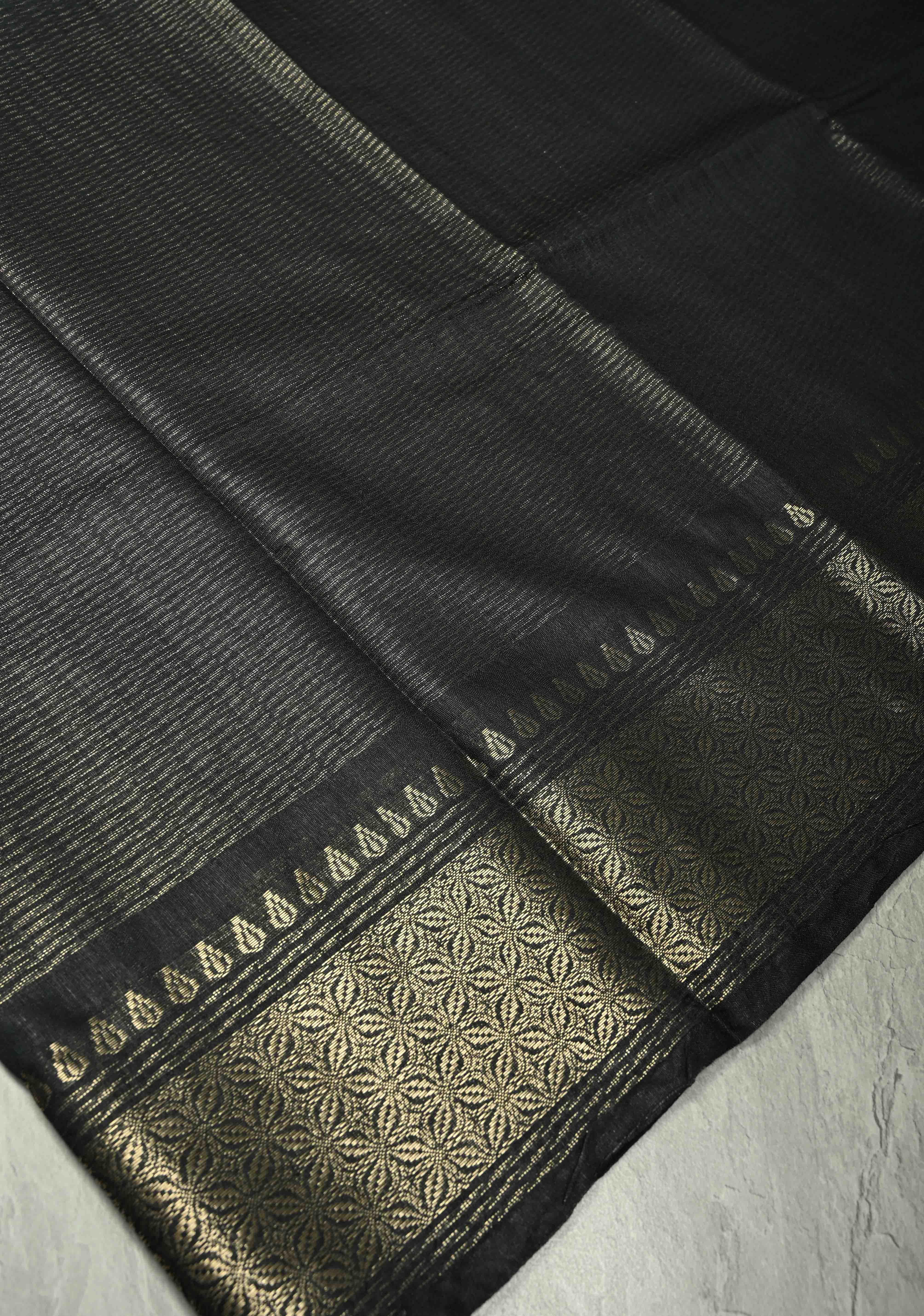 Shadow Black Semi Tussar Saree with Zari Border | Shobitam - Image 5