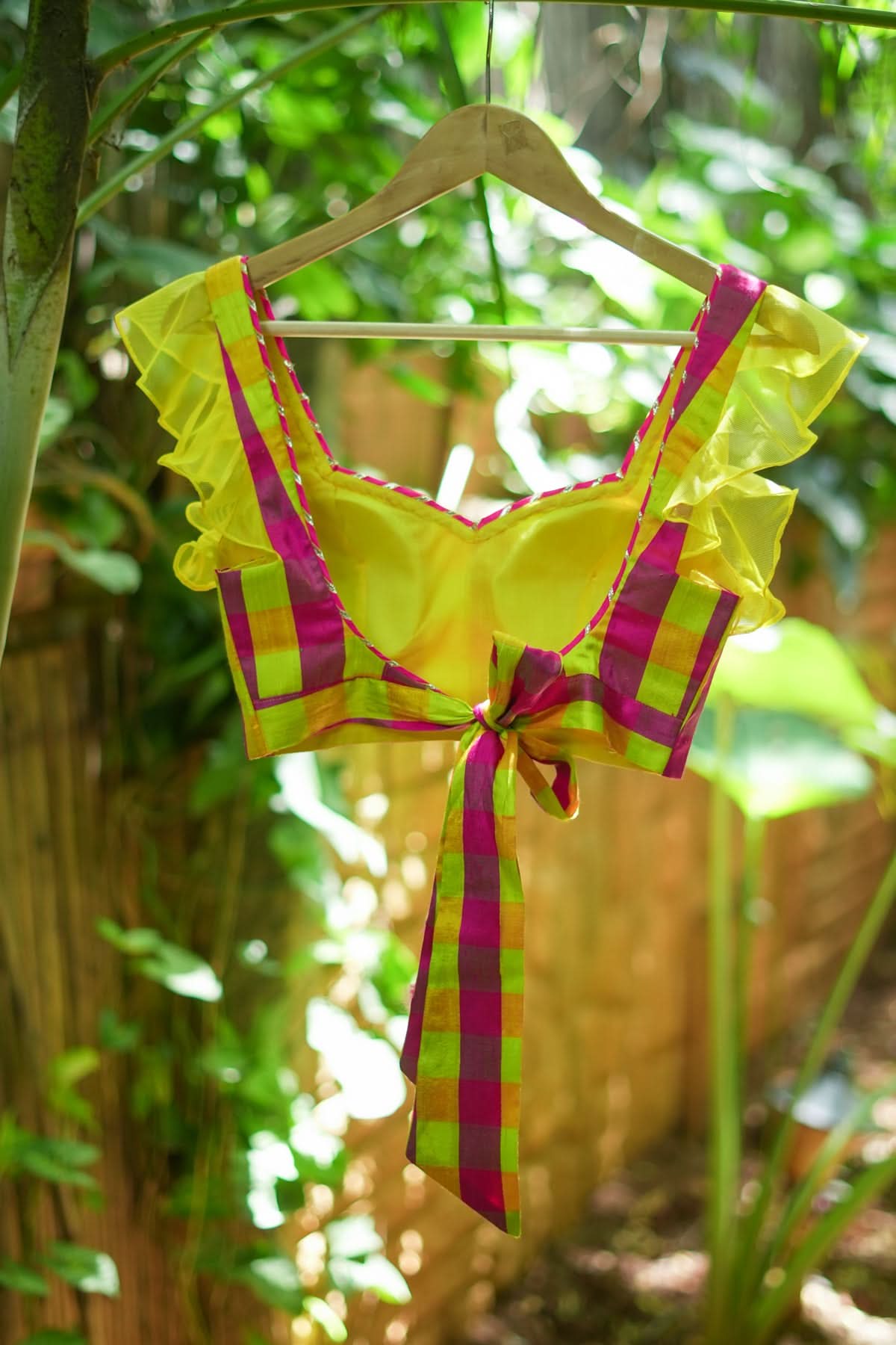 Sunshine Yellow Pink Checked Pure Raw Silk Sweetheart neck blouse | Shobitam - Image 16