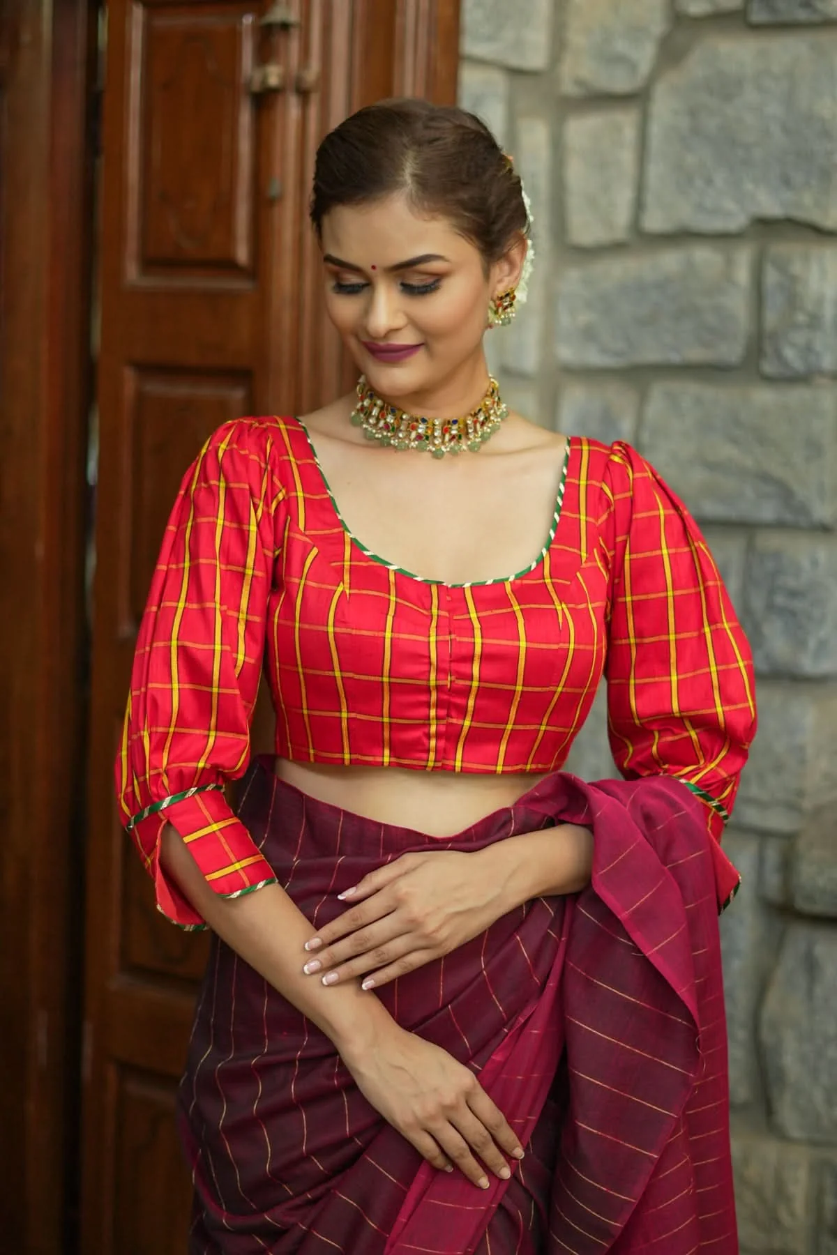 Red checked pure rawsilk u neck blouse with puff sleeves | Shobitam - Image 12
