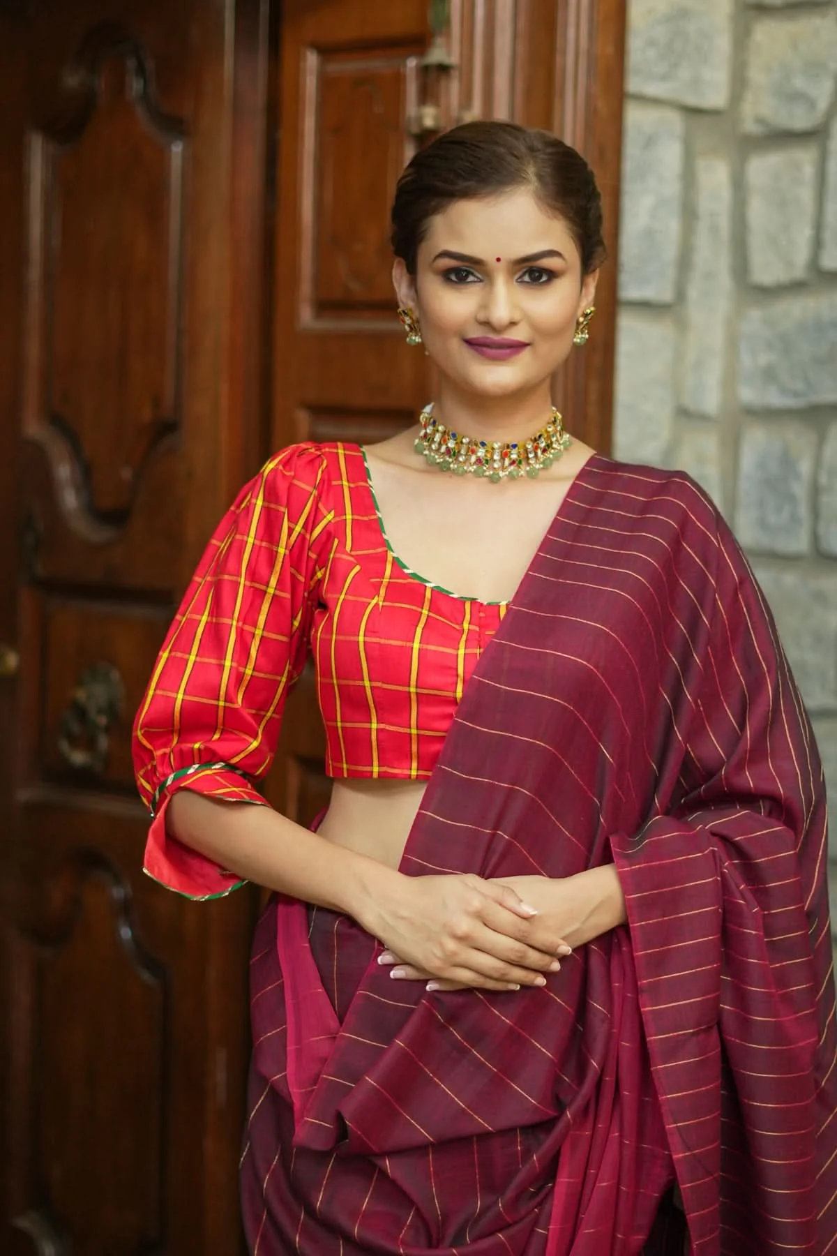 Red checked pure rawsilk u neck blouse with puff sleeves | Shobitam - Image 6