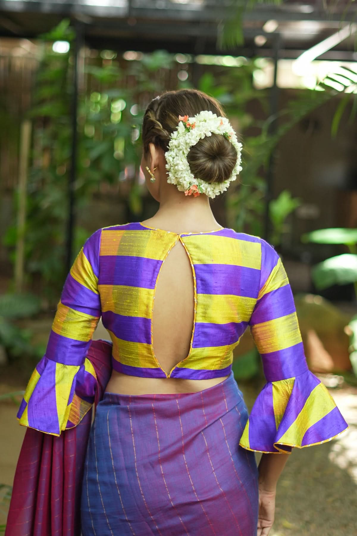 Yellow purple bold stripes design  pure raw silk V neck blouse with bell sleeves | Shobitam - Image 2
