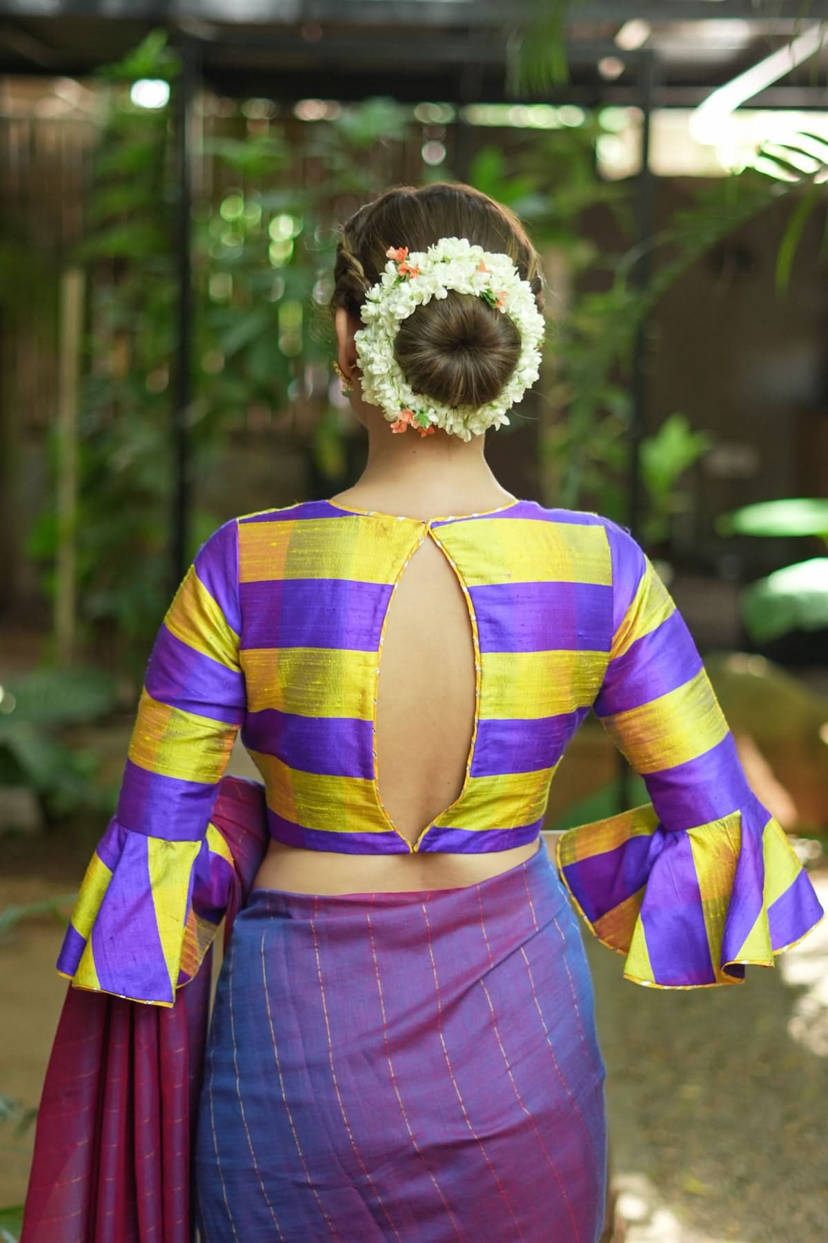 Yellow purple bold stripes design  pure raw silk V neck blouse with bell sleeves | Shobitam - Image 9