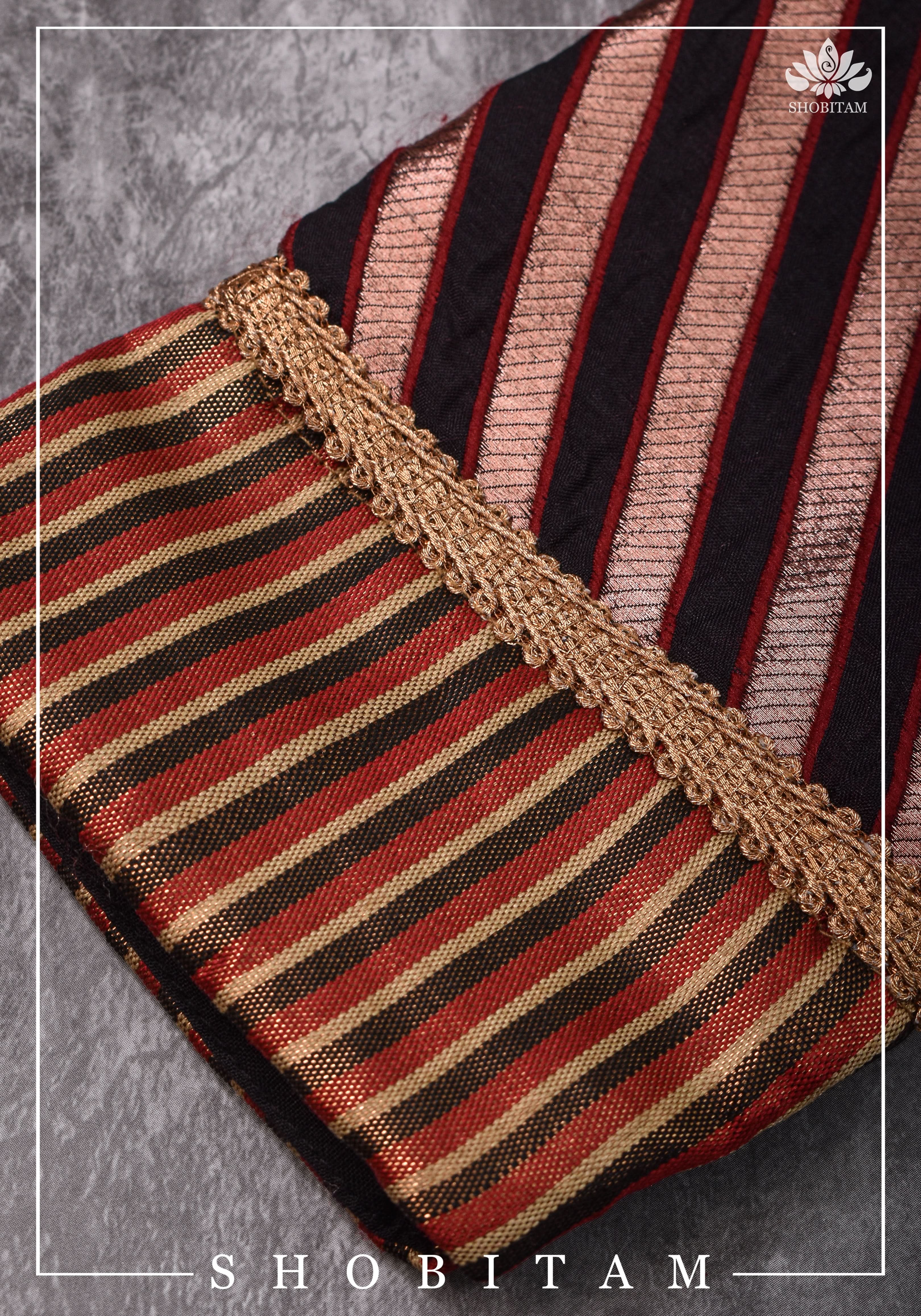 Size 34 Black, red and Copper striped brocade boatneck blouse | Shobitam Blouse - Image 4