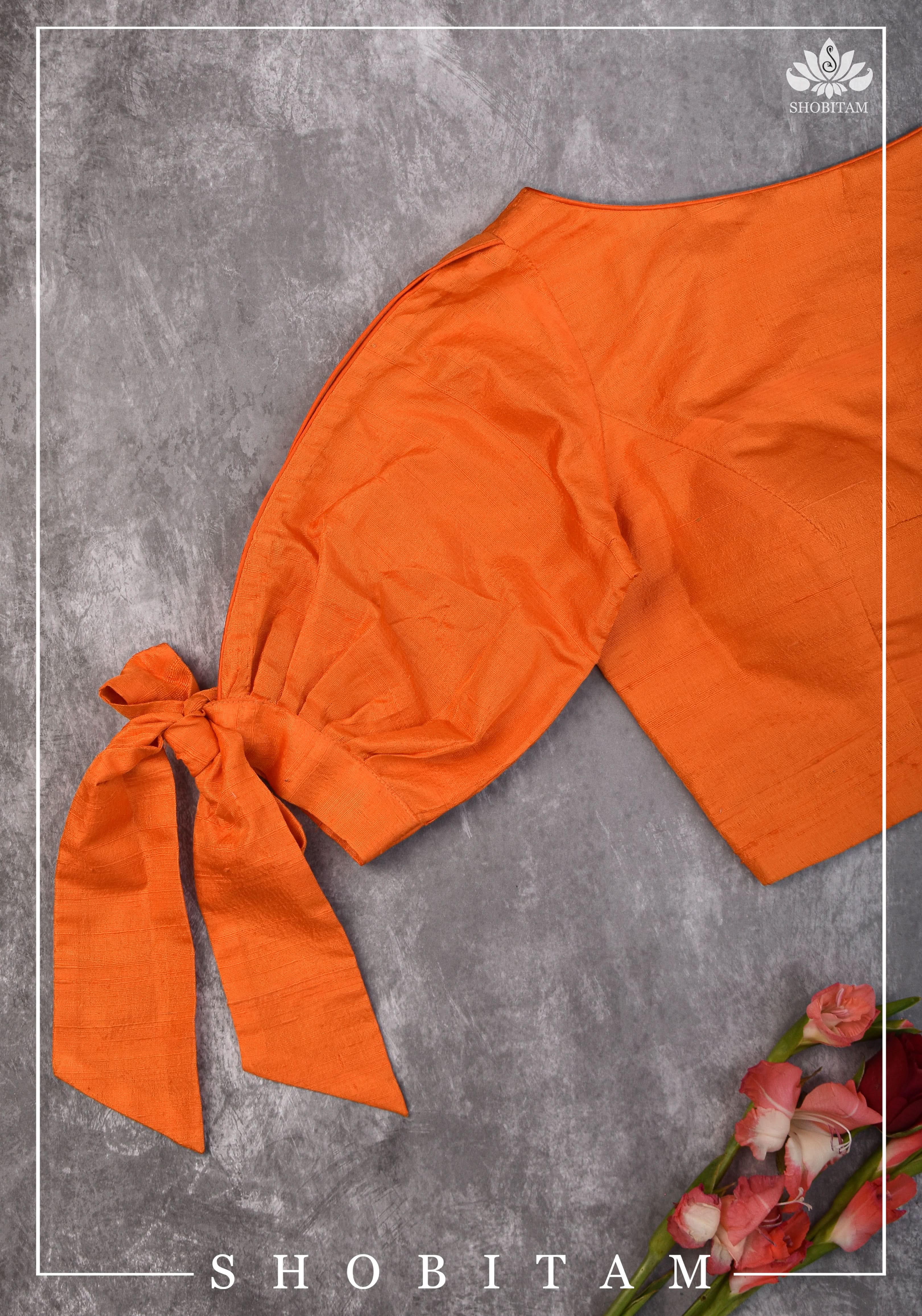 Size 34 Orange raw silk boat neck blouse with tie up sleeves | Shobitam Blouse - Image 2