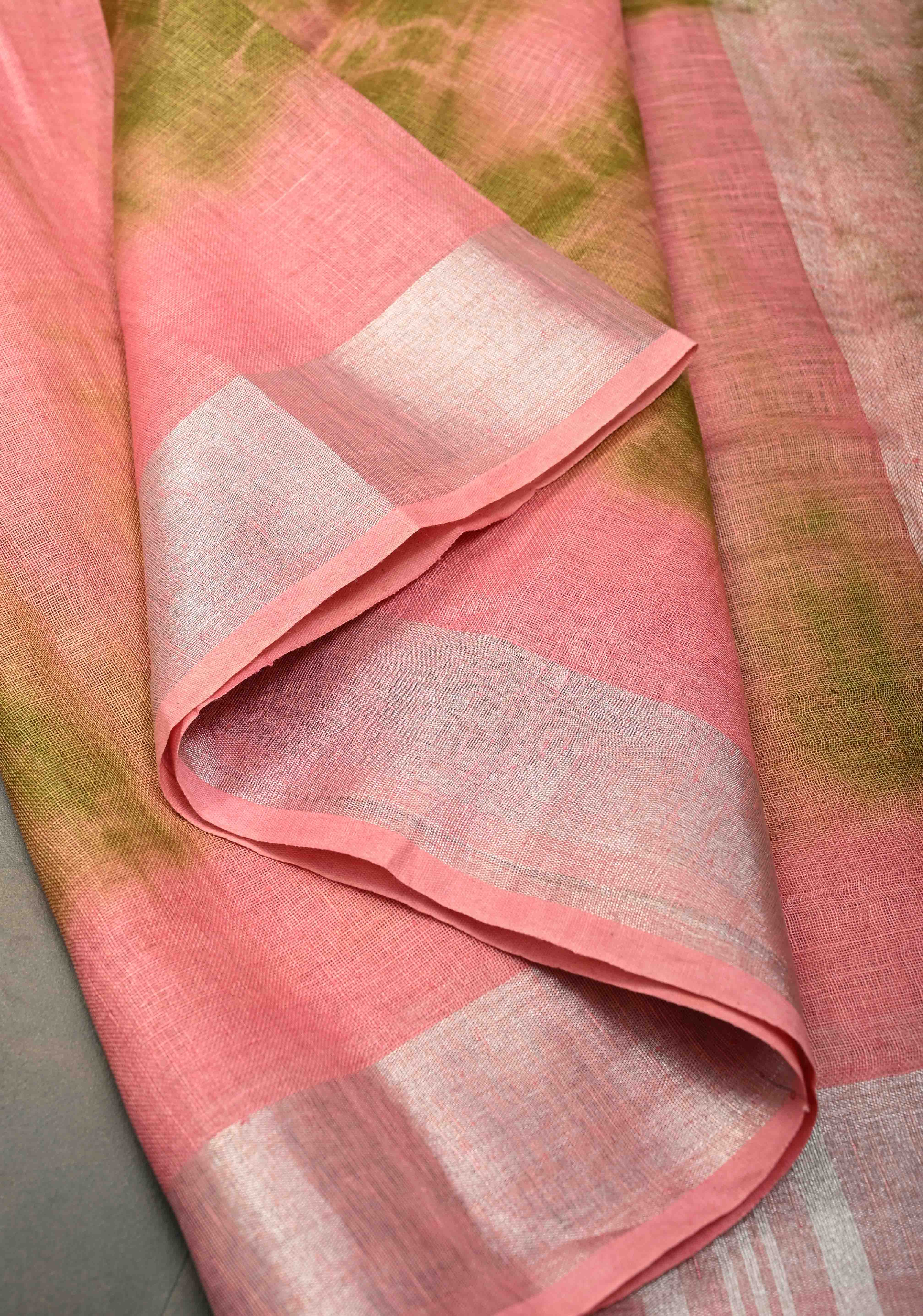 Shibori in Pink & Green on Linen by Linen Saree with Silver Zari Border | Shobitam - Image 5