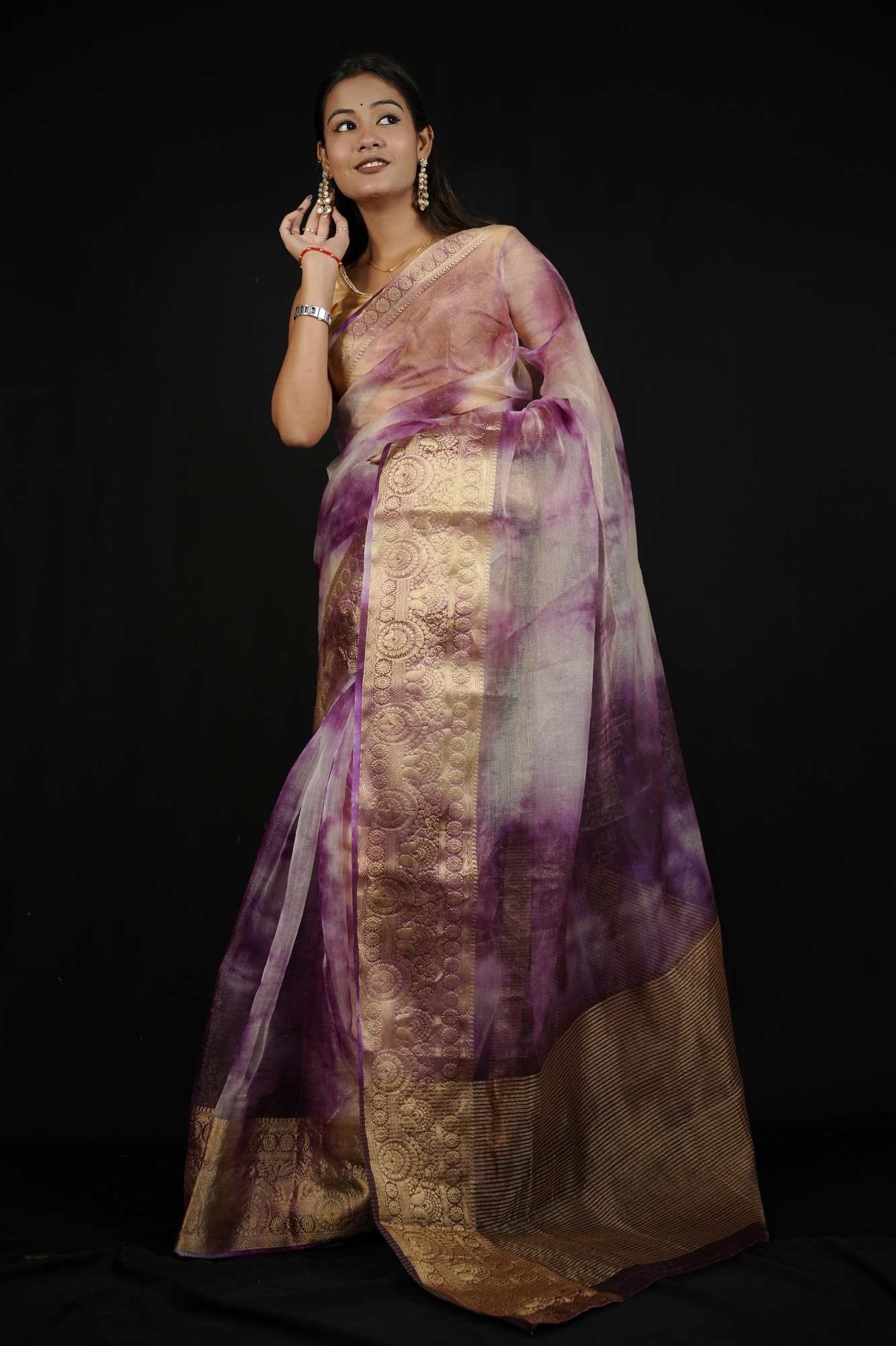 Organza With Zari Border Shibori Ready To Wear Saree - Image 7