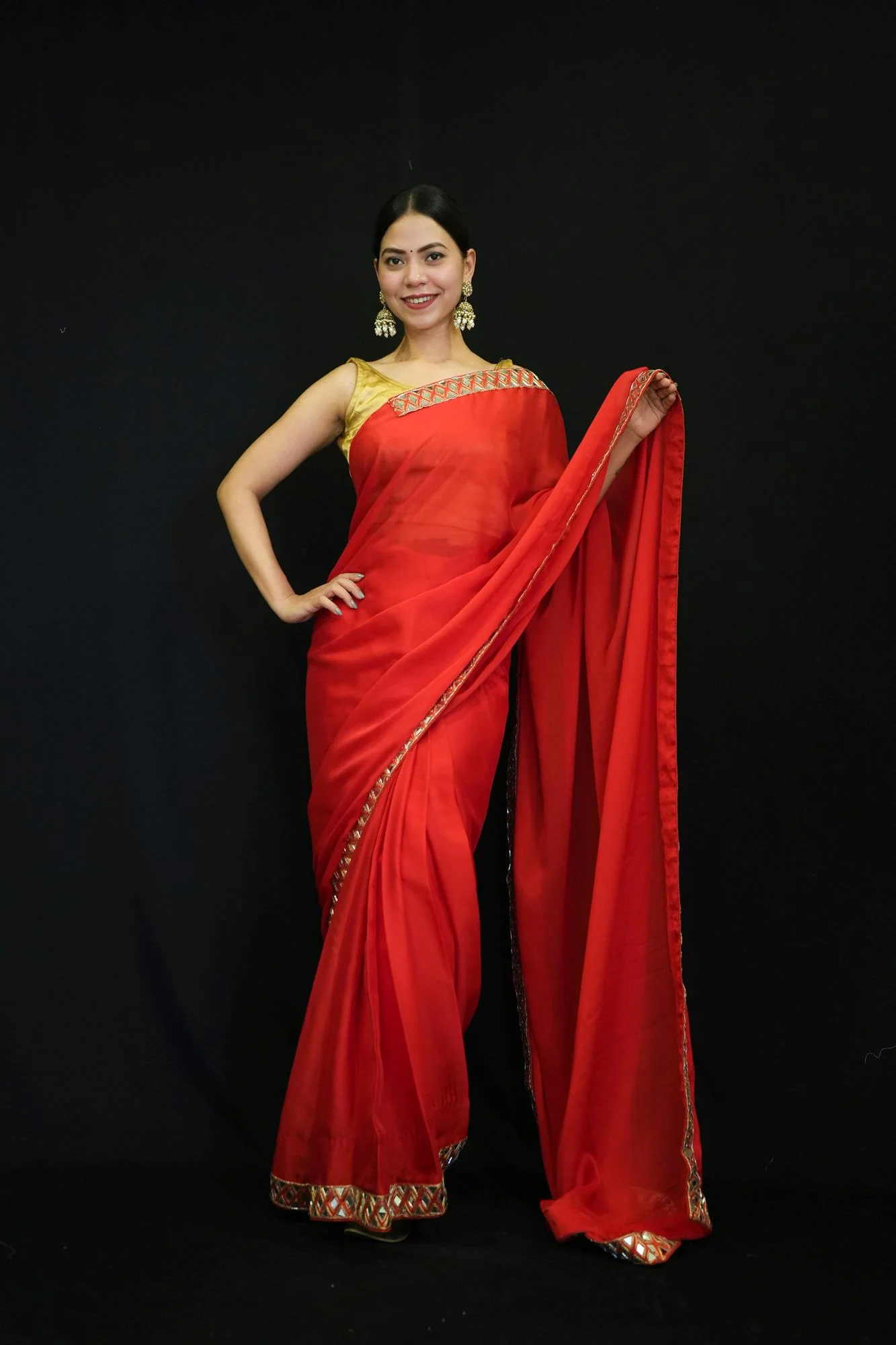Shilpa Shetty inspired  Heavy Original Mirror with Lace Border Design in Rangoli Silk Wrap in 1 minute Saree - Image 2