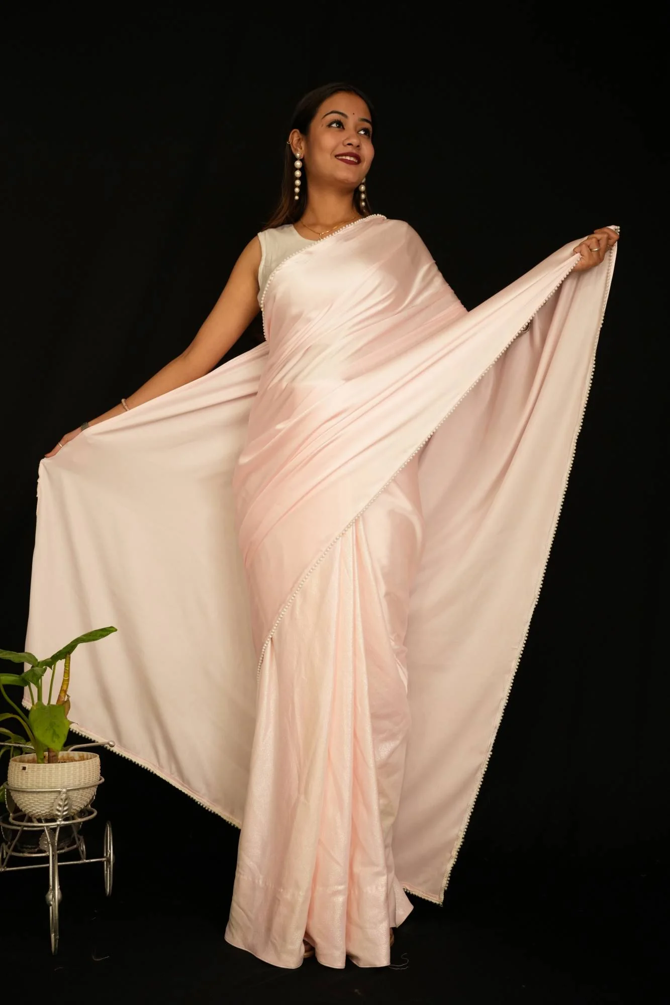 Shimmy Bold and Beautiful Elegant Pink Lycra Silk Party Wrap Saree with Satin Palla & Moti Lace Border – Luxury Half and Half 1-Minute Saree for Effortless Glamour - Image 4