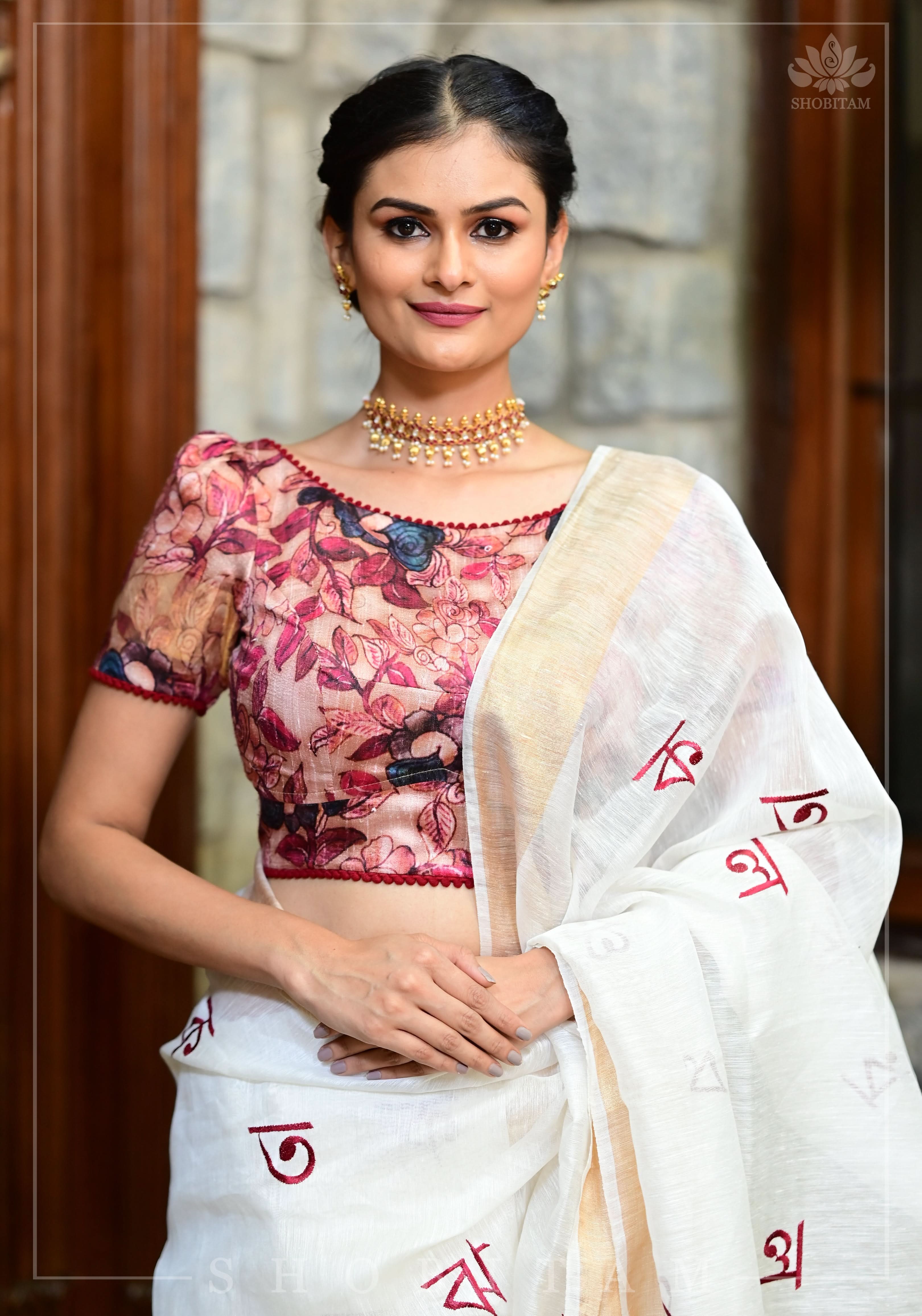 Bangla Alphabets embroidered Silk Linen Saree | Shobitam - Image 10