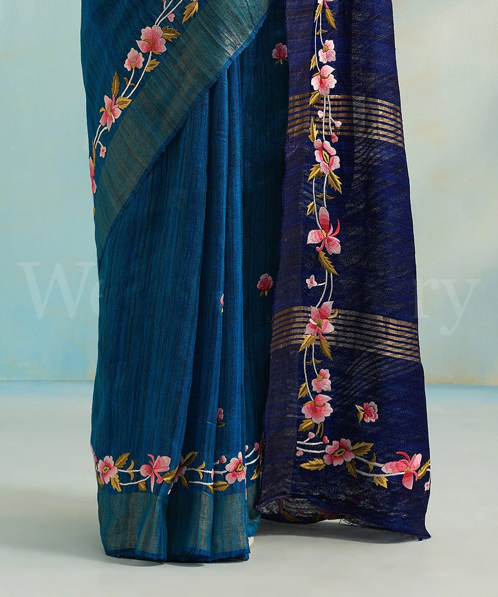 Silk Mark Tusser Giccha Silk With Blue Ombre shade & Embroidery On Border Wrap In One Minute Saree - Image 11