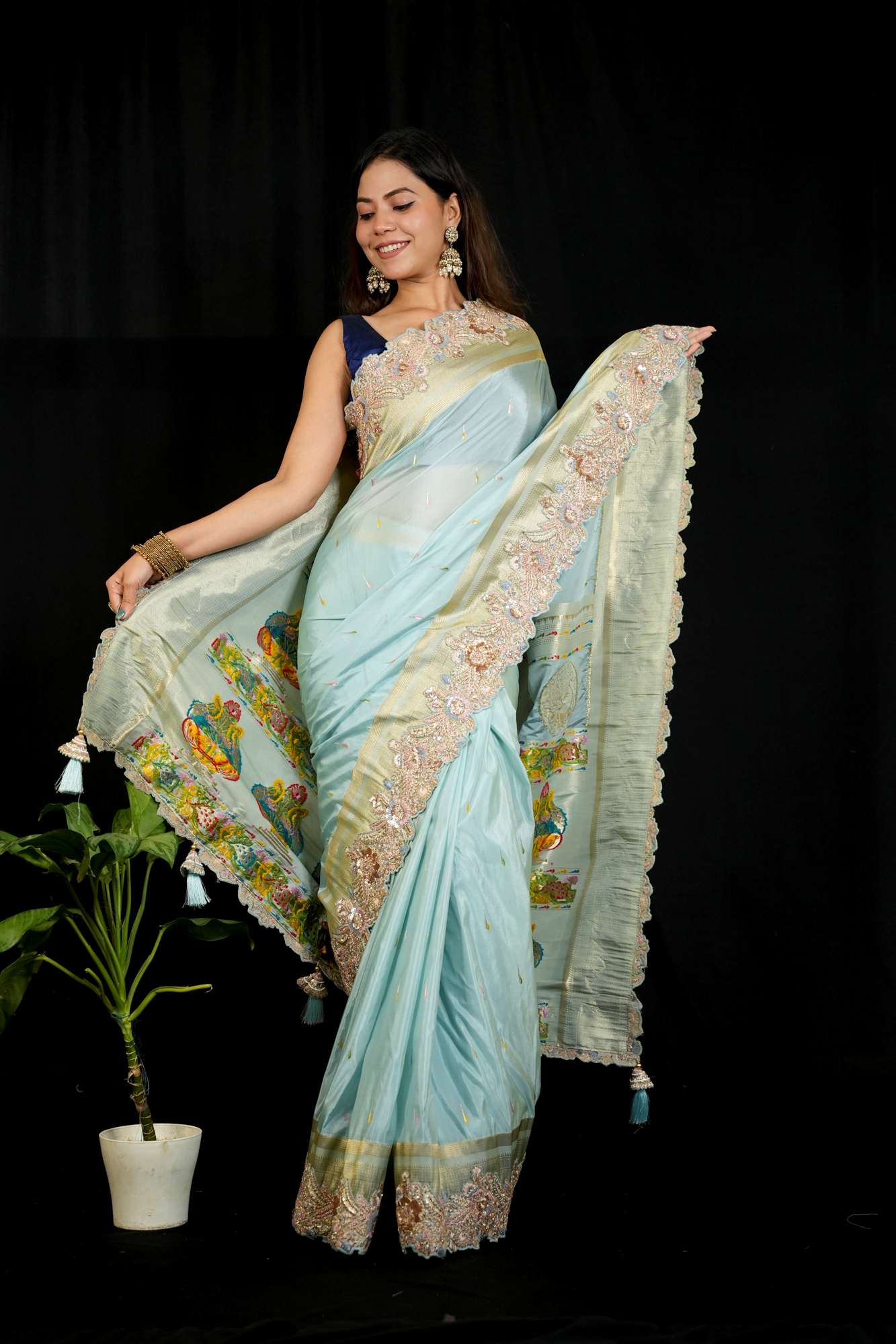 Exquisite Premium Satin Silk with Detail Resham Embroidery & Paithani Pallu Ready To Wear Saree - Image 6