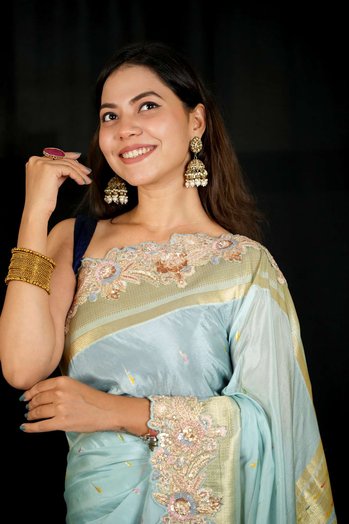 Exquisite Premium Satin Silk with Detail Resham Embroidery & Paithani Pallu Ready To Wear Saree - Image 8