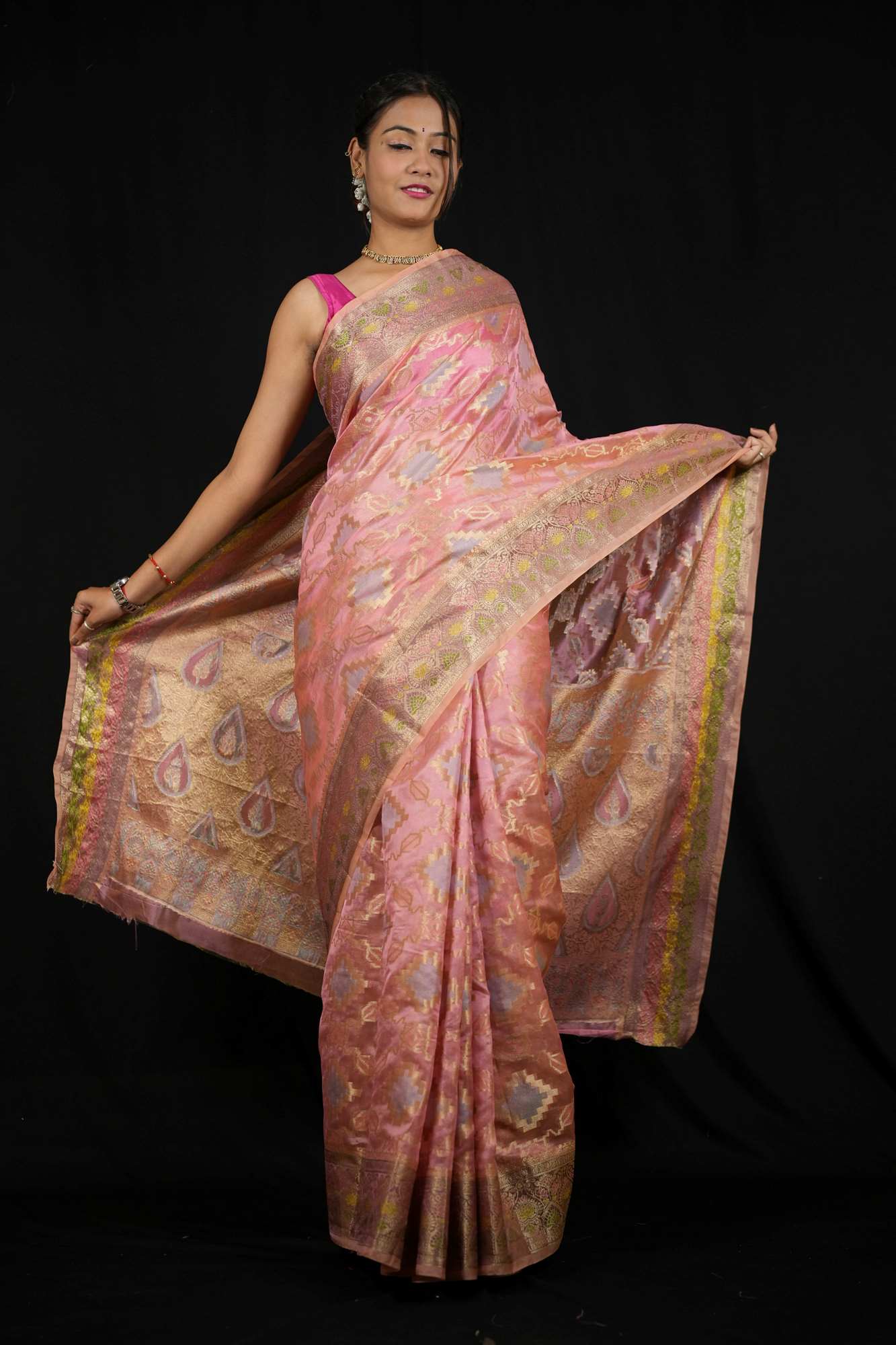 Silk with Golden Zari Weave and Traditional Paisley Motifs Ready To Wear Saree - Image 7