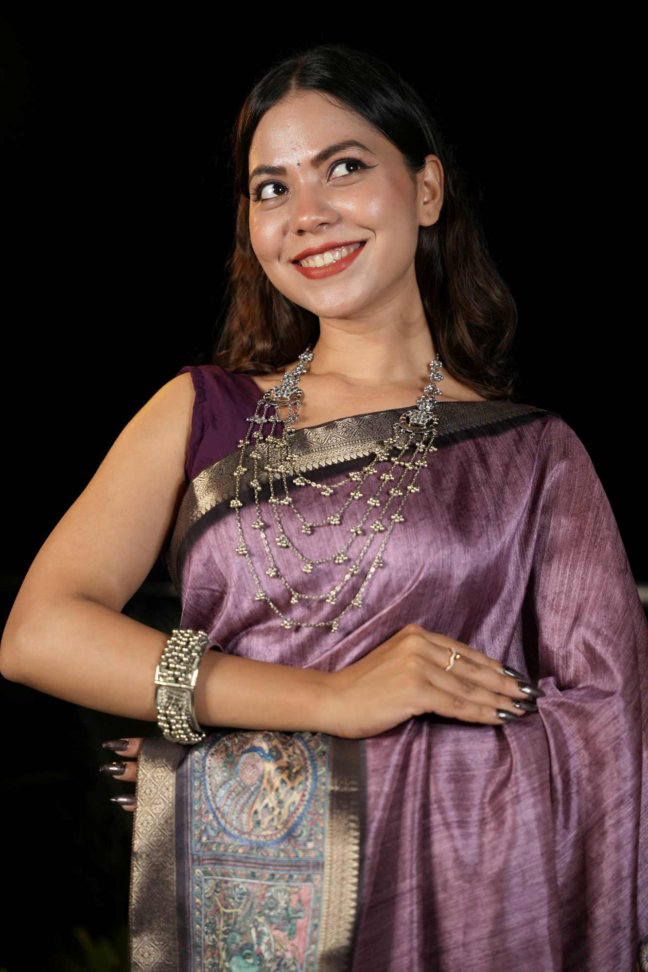 Silk with Kalamkari Motif Pallu & Antique Woven Border Ready To Wear Saree - Image 6