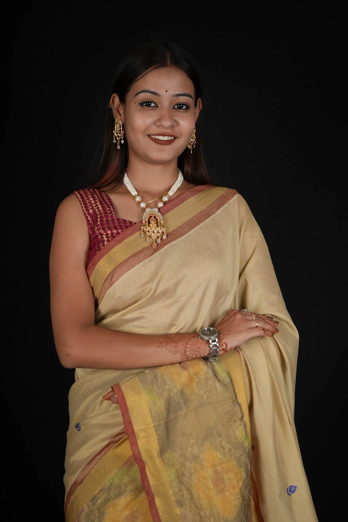 Uppada Silk With Pochampalli Ikkat woven Border & butta Overall Ready To Wear Saree - Image 7